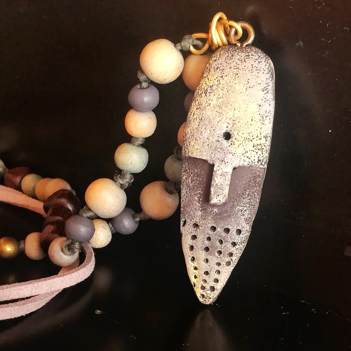 Long Beaded Men's Necklace with Rustic Mask Pendant – Boho Ethnic Jewelry