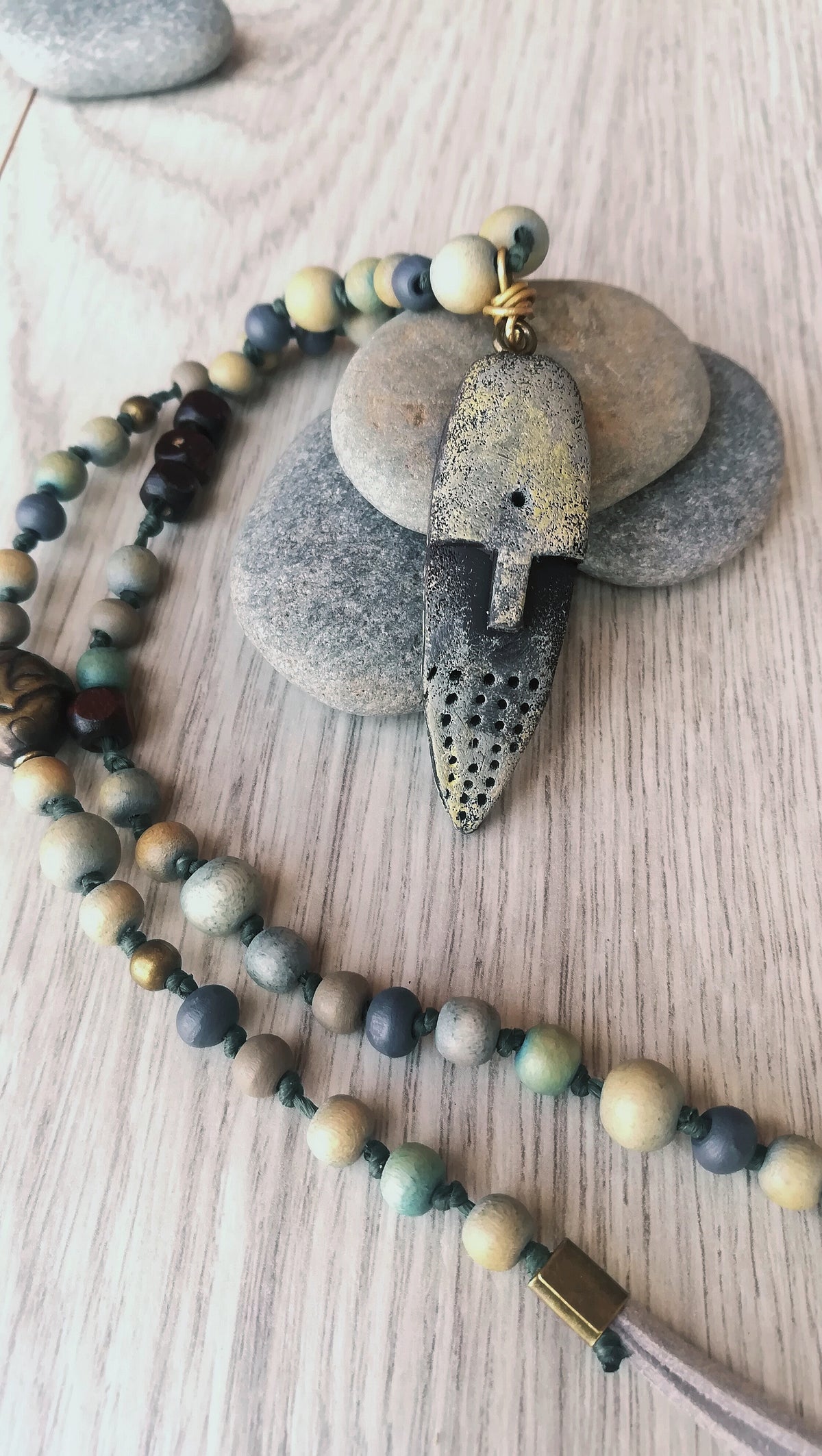 Long Beaded Men's Necklace with Rustic Mask Pendant – Boho Ethnic Jewelry