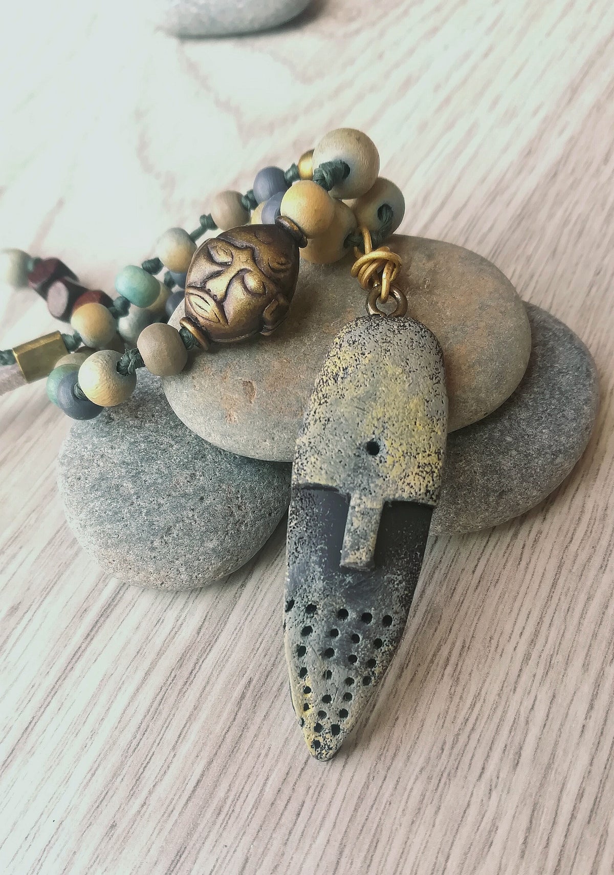 Long Beaded Men's Necklace with Rustic Mask Pendant – Boho Ethnic Jewelry