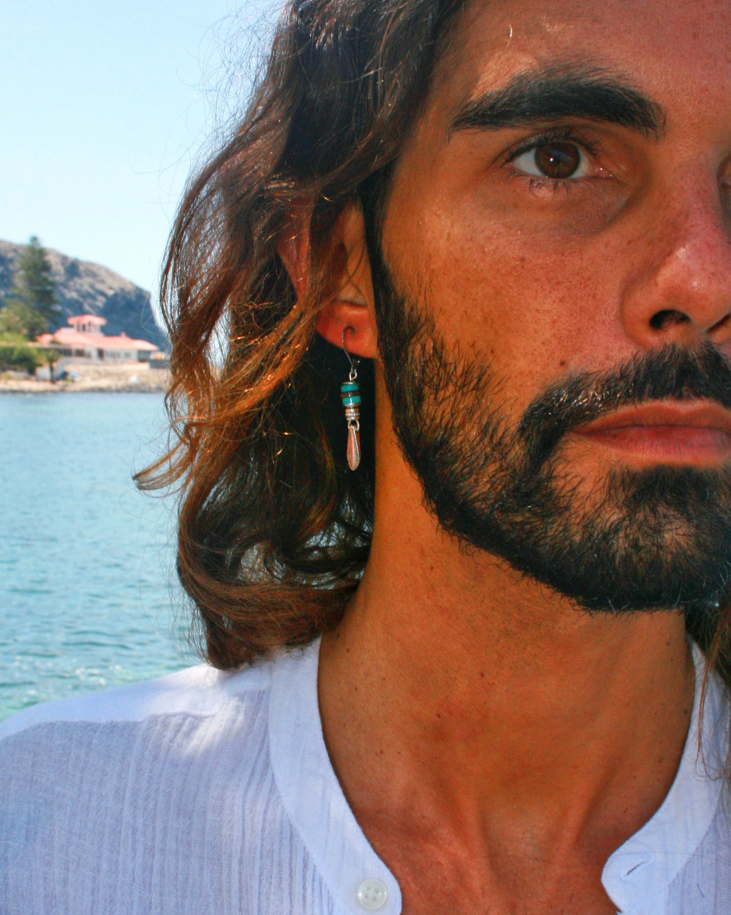 Spike Turquoise Heishi Men's Earring: Tribal Shell Beads with Sterling Silver Option