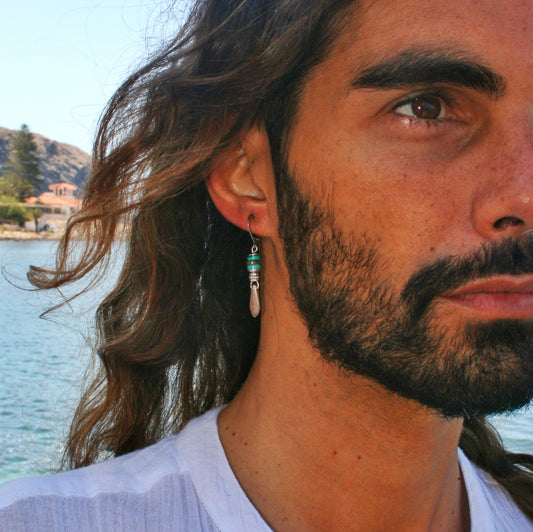 Spike Turquoise Heishi Men's Earring: Tribal Shell Beads with Sterling Silver Option