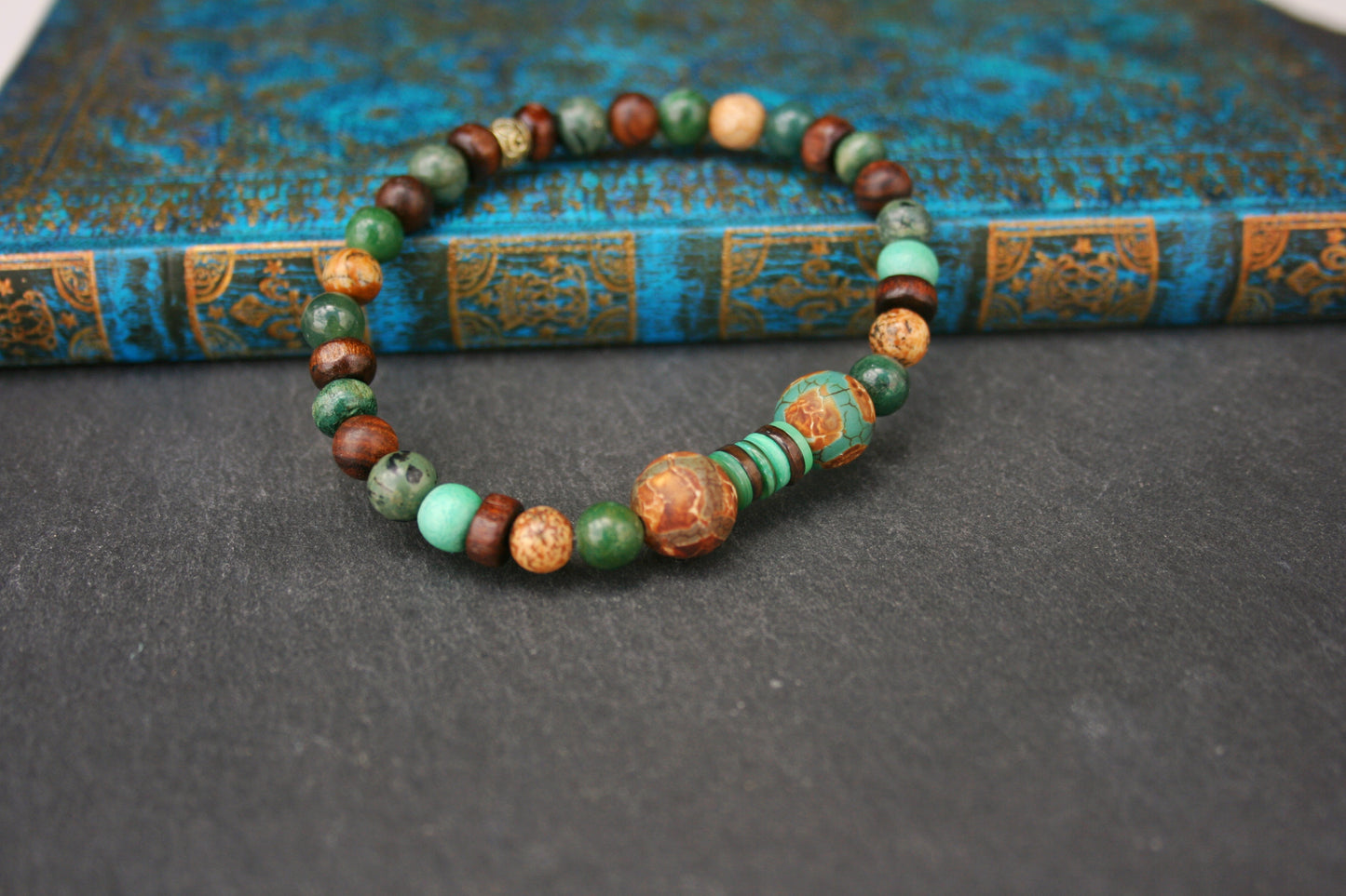 Green Tibetan Agate Men's Bracelet – Unisex Gemstone Bracelet with Wooden Beads, Stretch Boho Jewelry