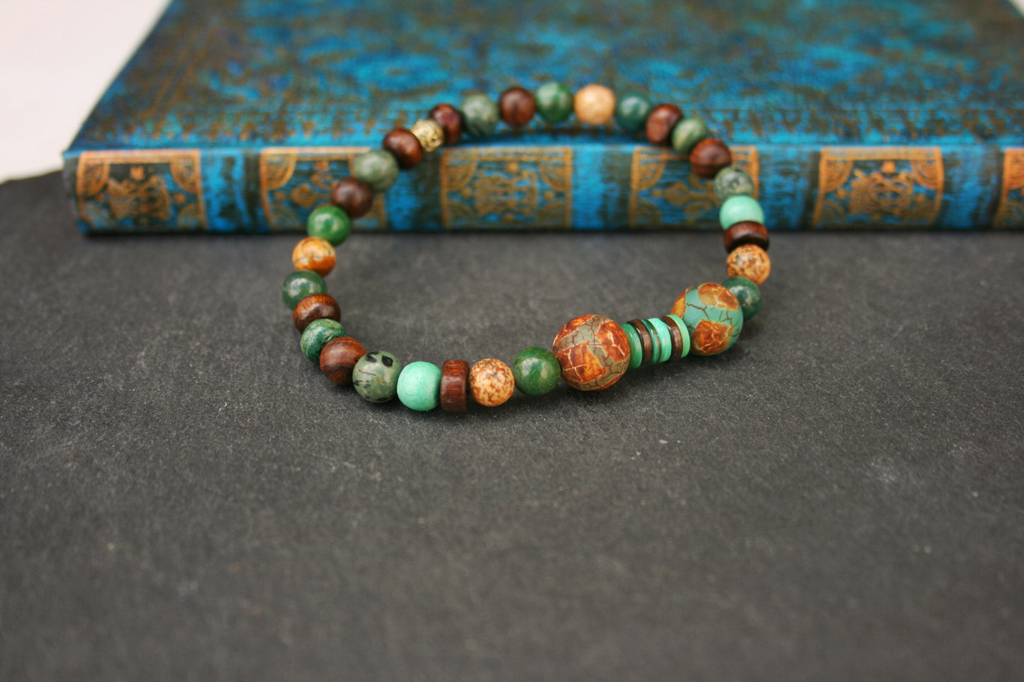 Green Tibetan Agate Men's Bracelet – Unisex Gemstone Bracelet with Wooden Beads, Stretch Boho Jewelry