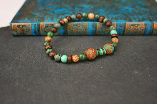 Green Tibetan Agate Men's Bracelet – Unisex Gemstone Bracelet with Wooden Beads, Stretch Boho Jewelry