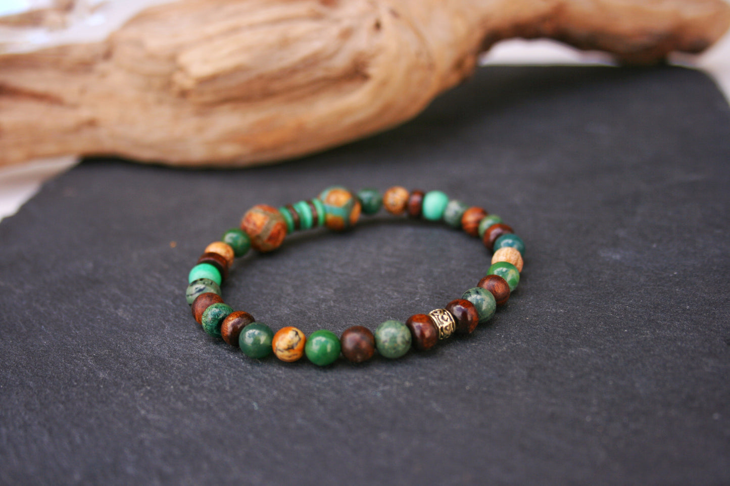 Green Tibetan Agate Men's Bracelet – Unisex Gemstone Bracelet with Wooden Beads, Stretch Boho Jewelry