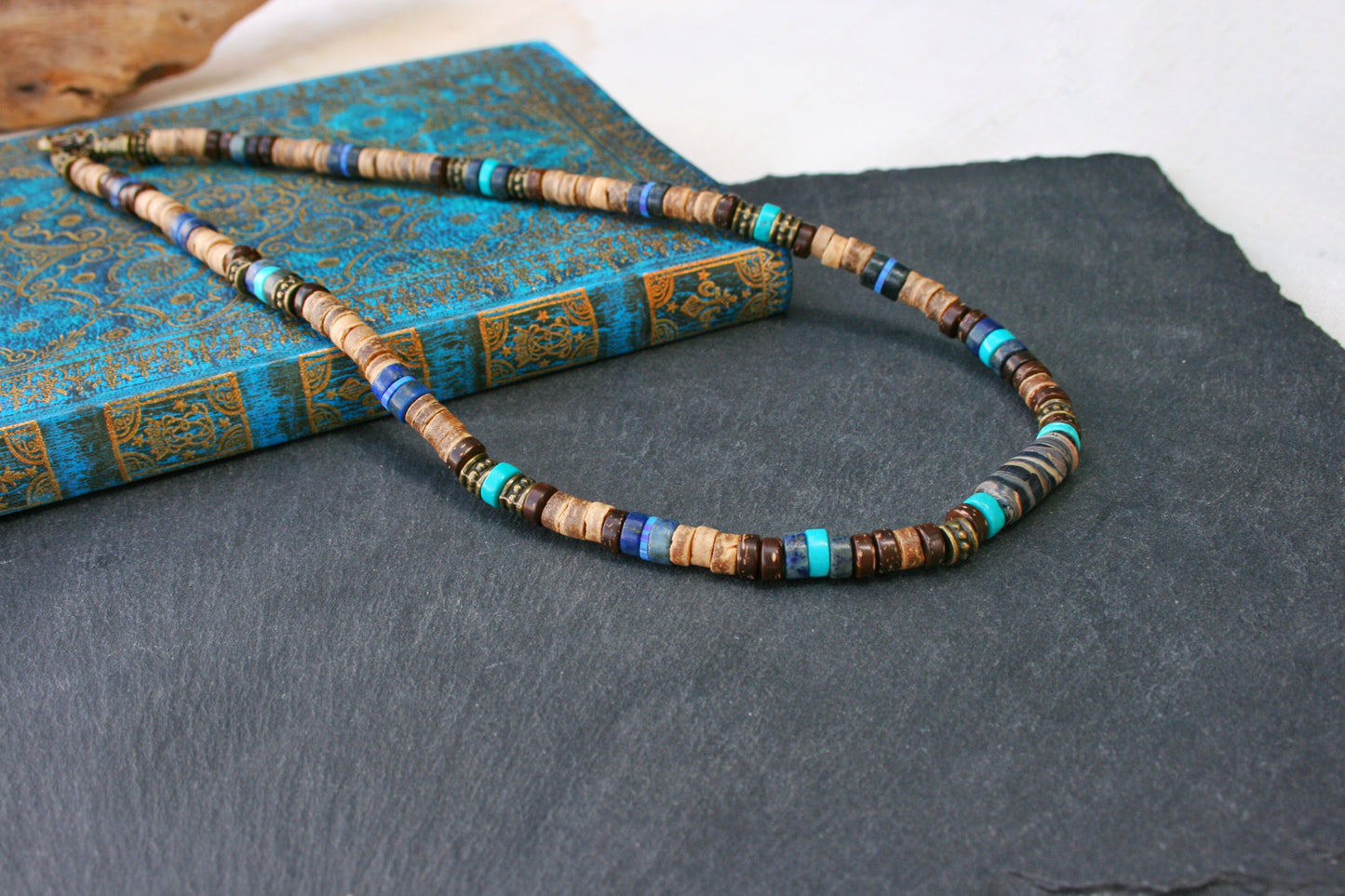 Turquoise & Coconut Beaded Choker Necklace – Boho Mens Gemstone Jewelry
