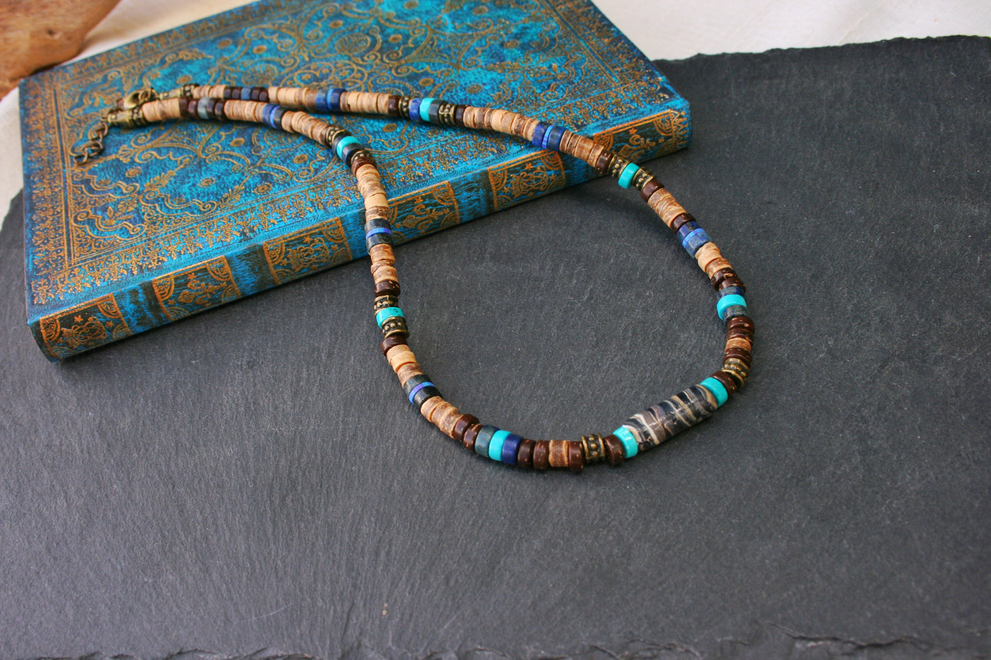Turquoise & Coconut Beaded Choker Necklace – Boho Mens Gemstone Jewelry