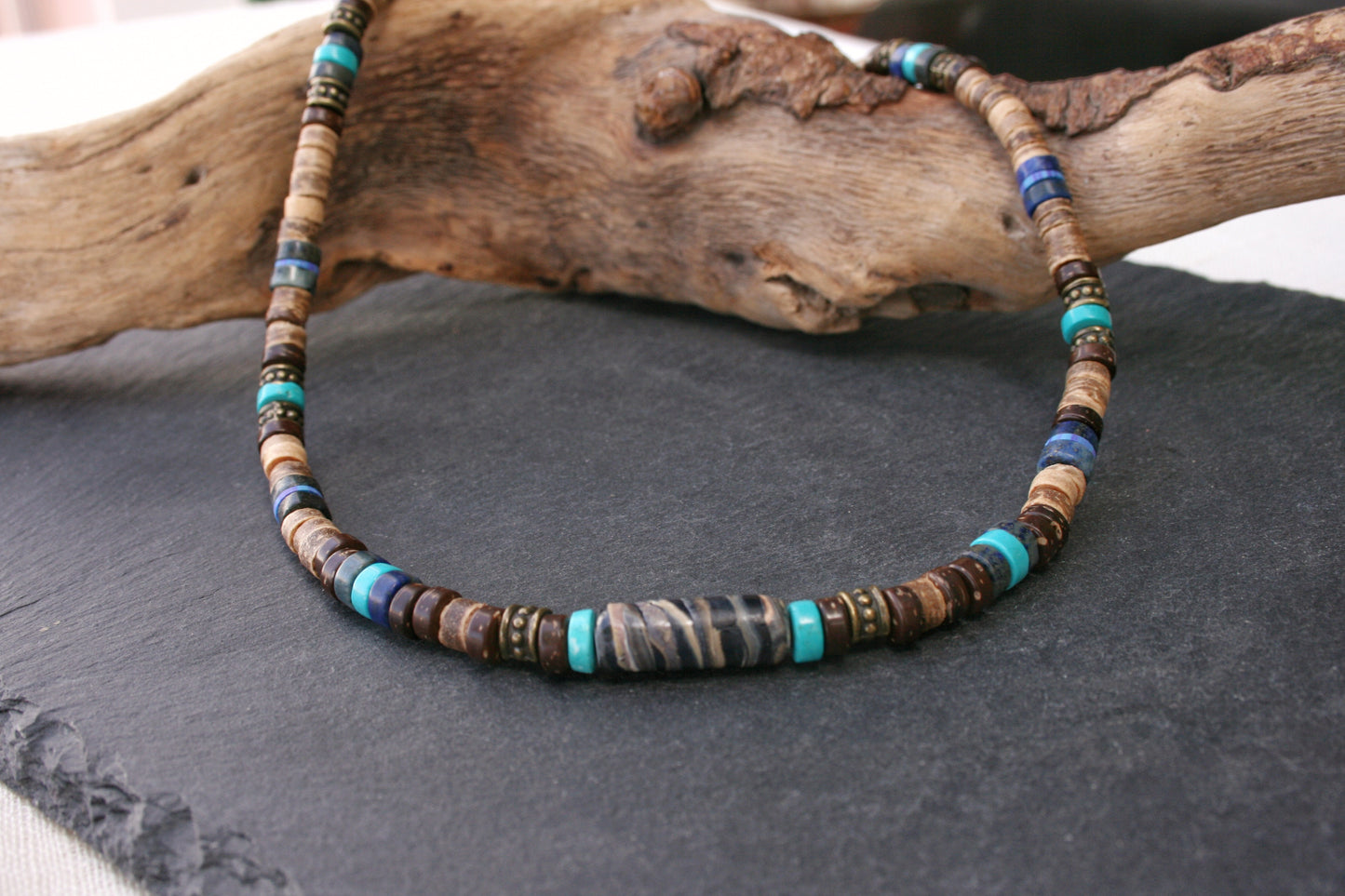 Turquoise & Coconut Beaded Choker Necklace – Boho Mens Gemstone Jewelry
