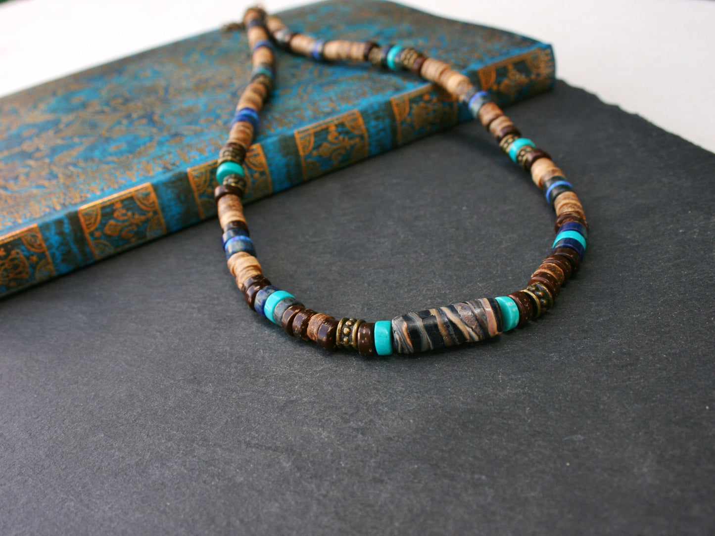 Turquoise & Coconut Beaded Choker Necklace – Boho Mens Gemstone Jewelry