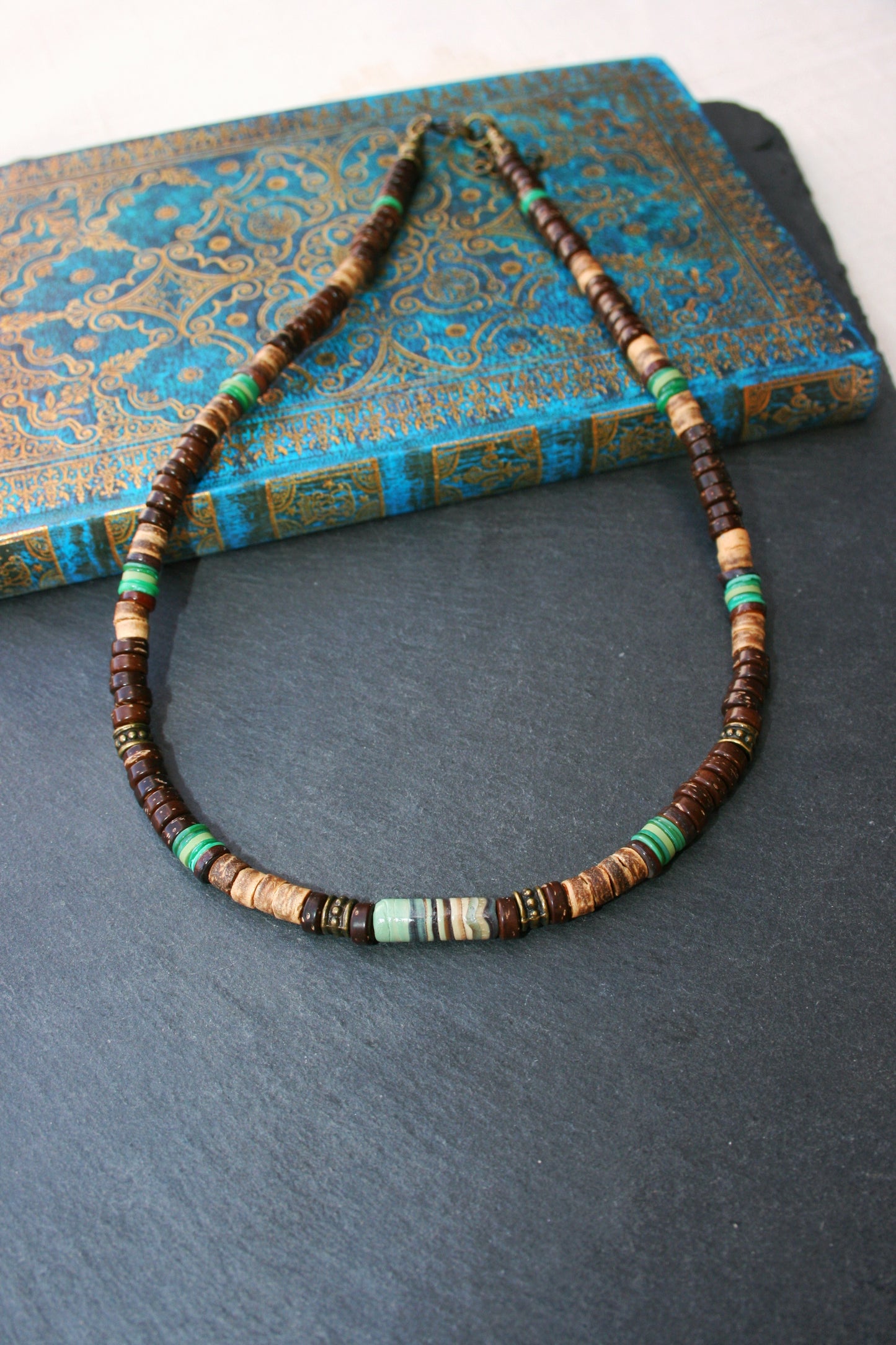 Earth Tone Beaded Choker Necklace – Coconut & Green Shell Beads