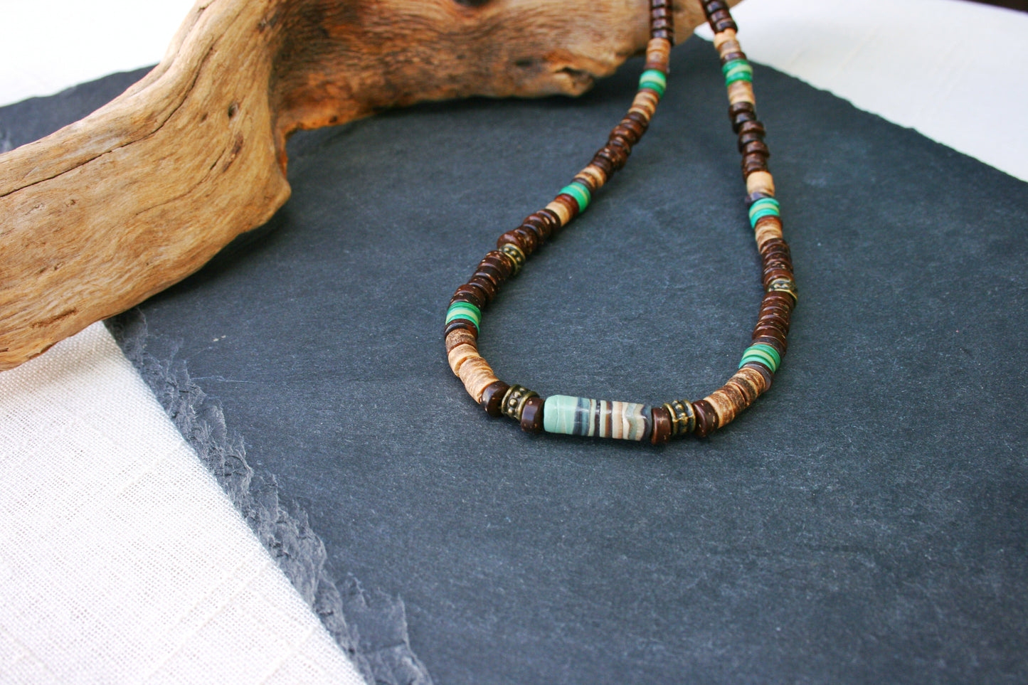 Earth Tone Beaded Choker Necklace – Coconut & Green Shell Beads