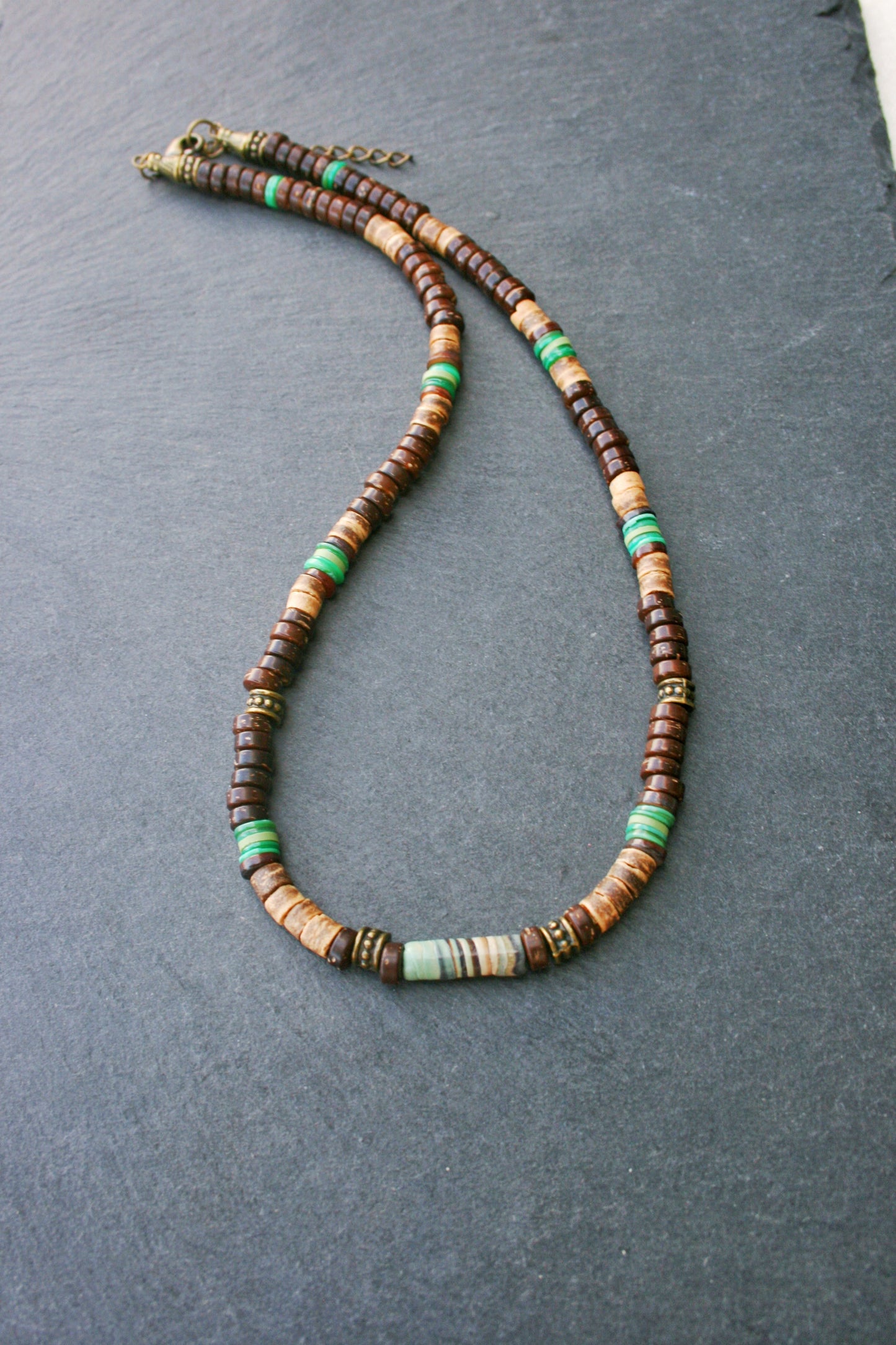 Earth Tone Beaded Choker Necklace – Coconut & Green Shell Beads