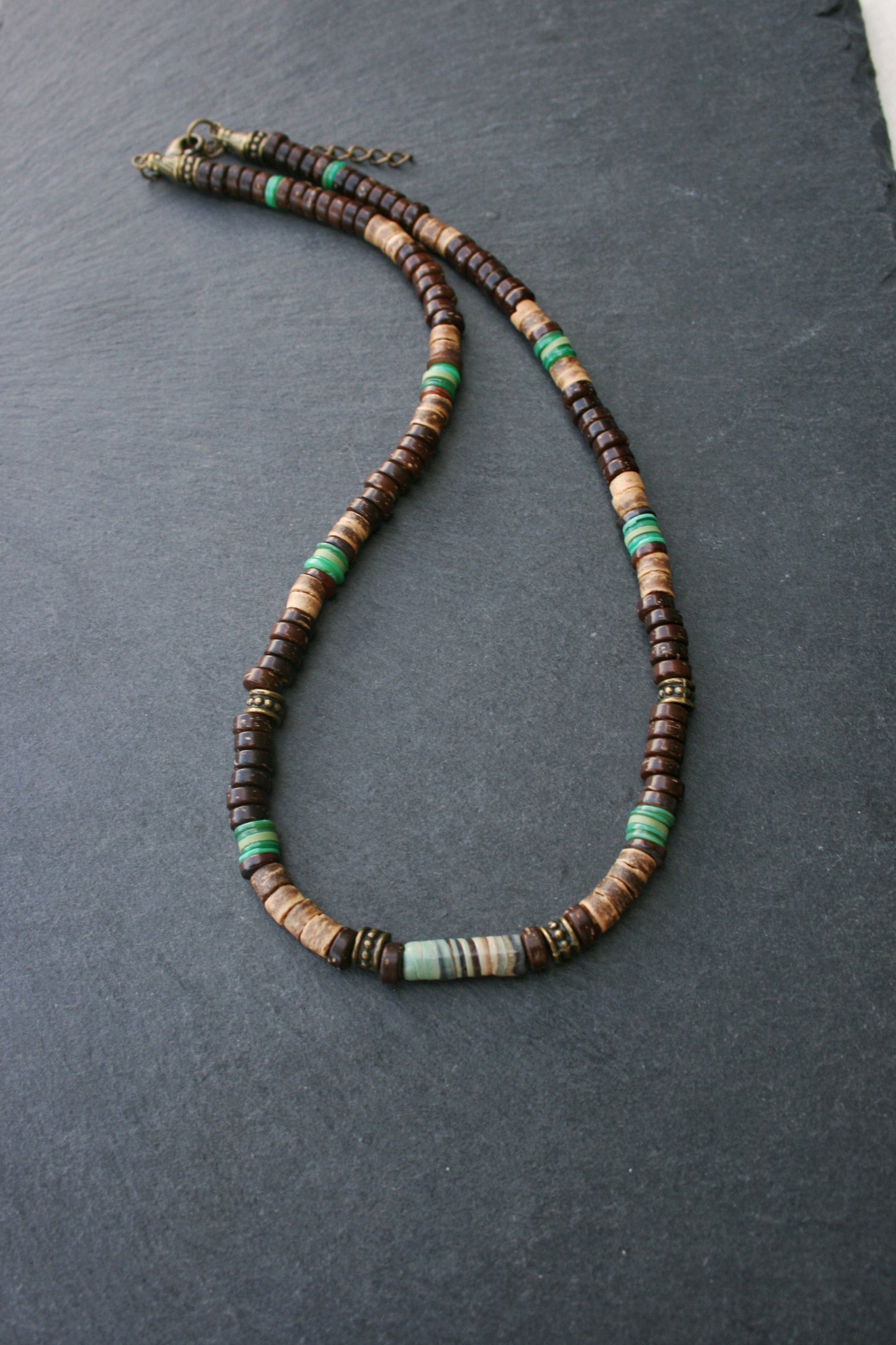 Earth Tone Beaded Choker Necklace – Coconut & Green Shell Beads