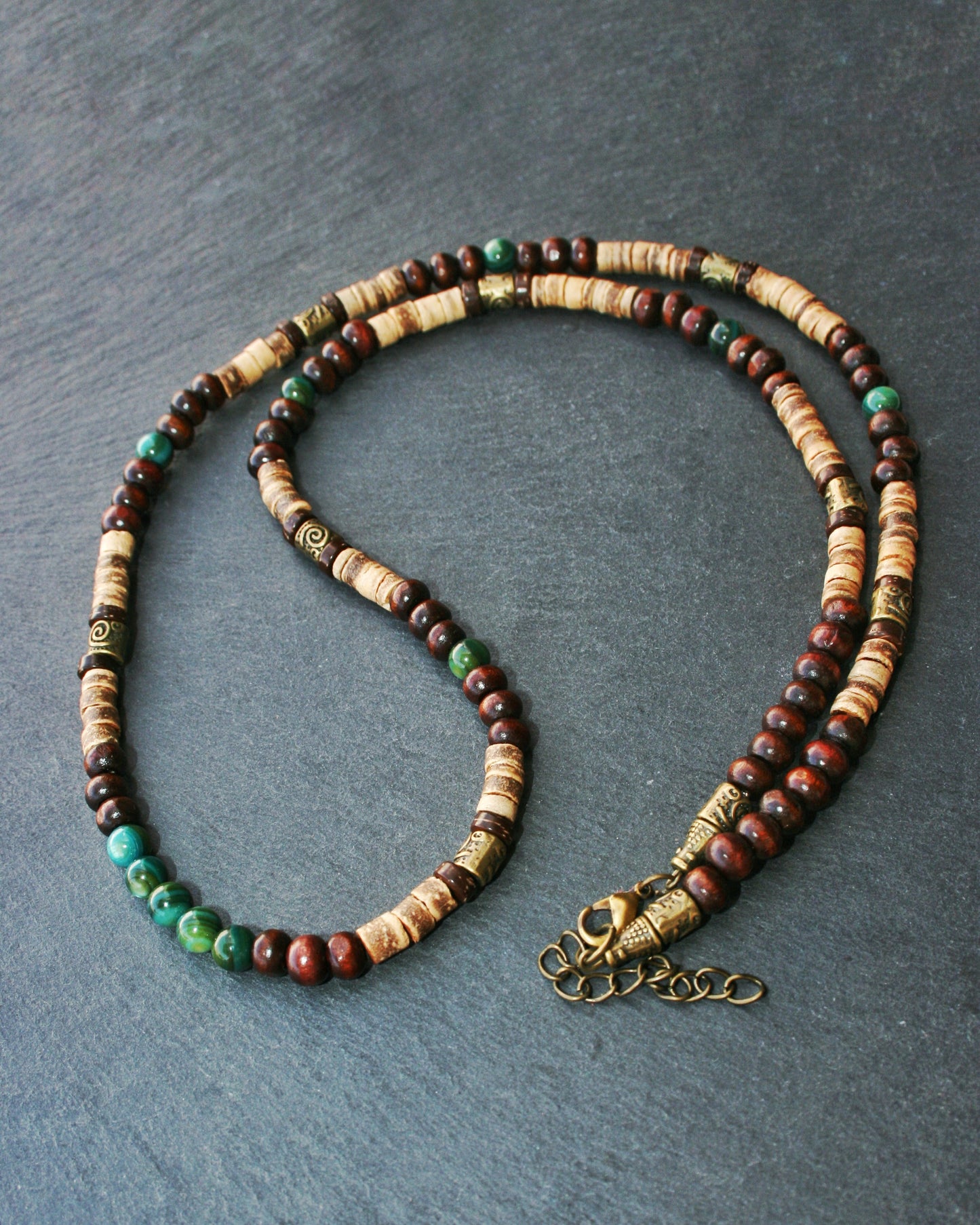 Coconut Wood Agate Necklace for Men – Celtic Spiral Bronze Beaded Boho Necklace