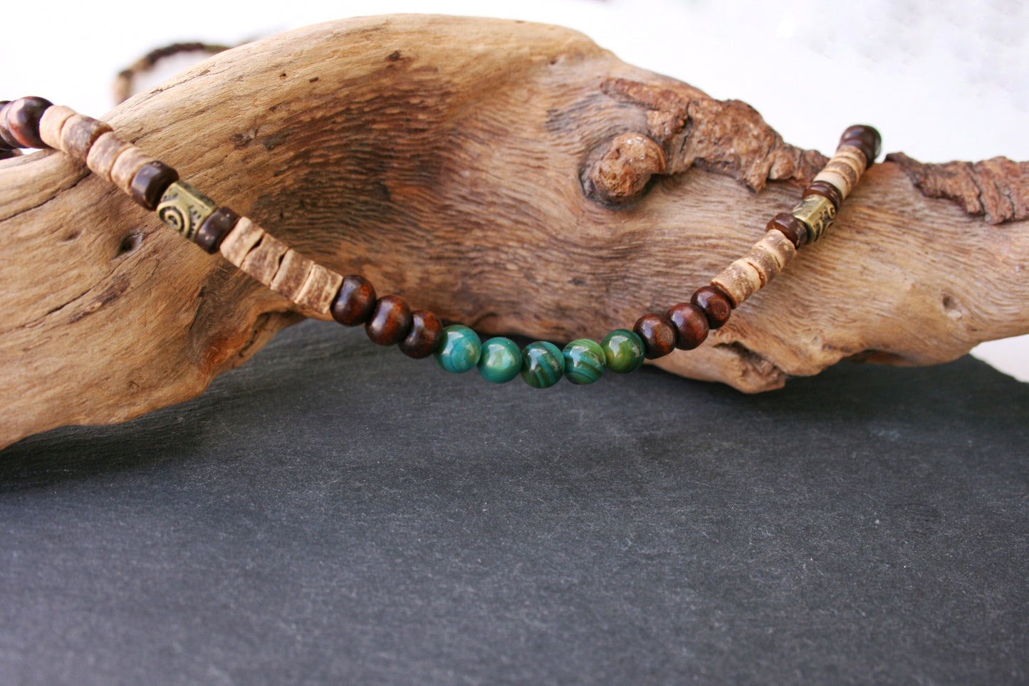 Coconut Wood Agate Necklace for Men – Celtic Spiral Bronze Beaded Boho Necklace