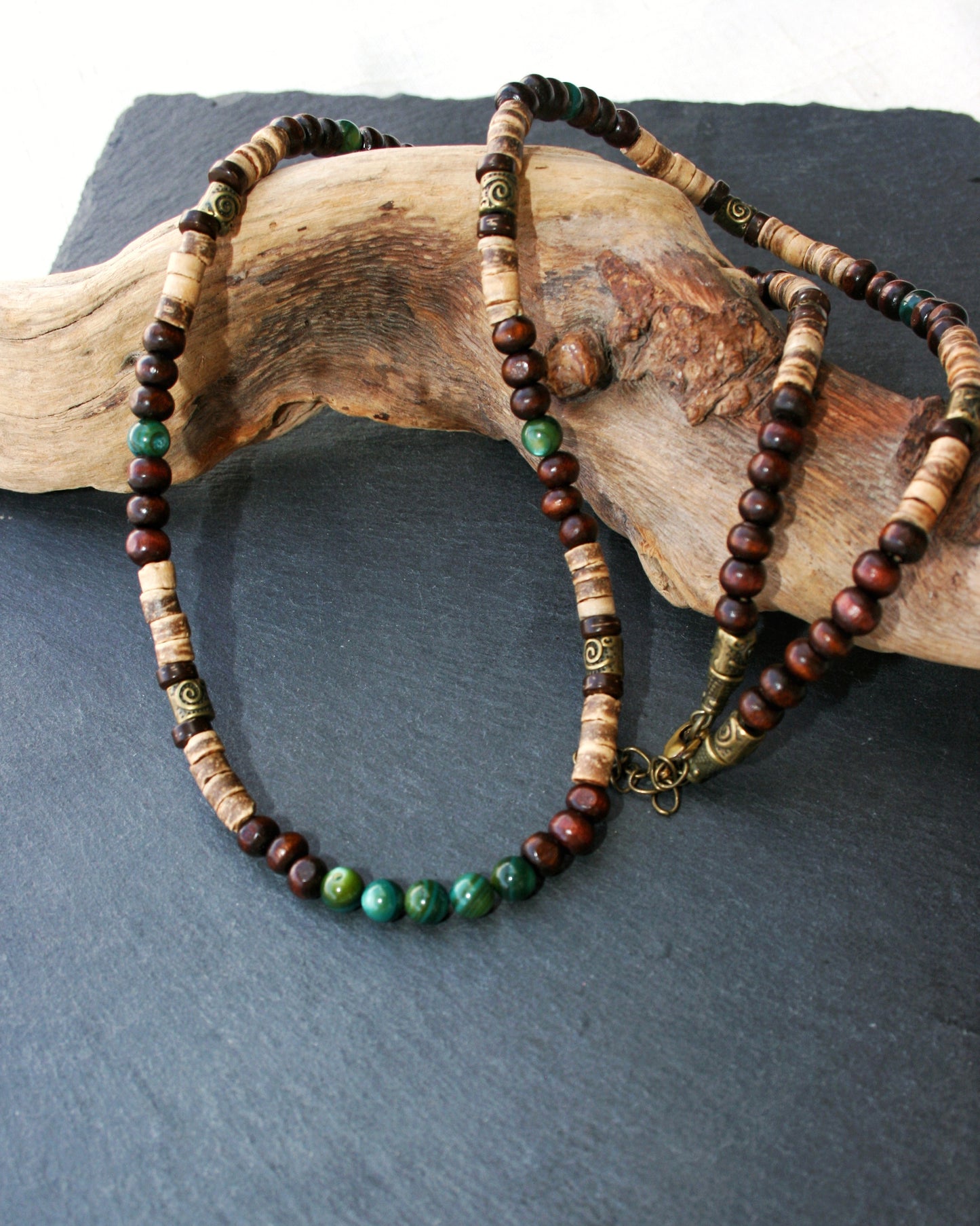 Coconut Wood Agate Necklace for Men – Celtic Spiral Bronze Beaded Boho Necklace