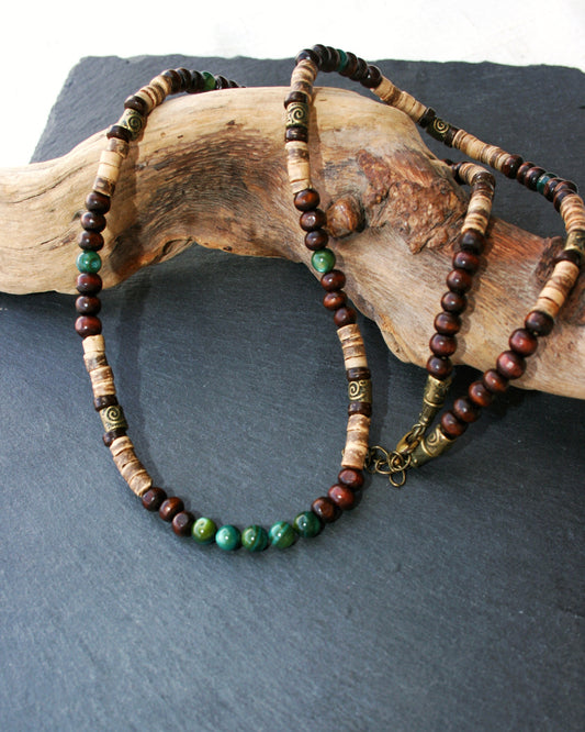 Coconut Wood Agate Necklace for Men – Celtic Spiral Bronze Beaded Boho Necklace