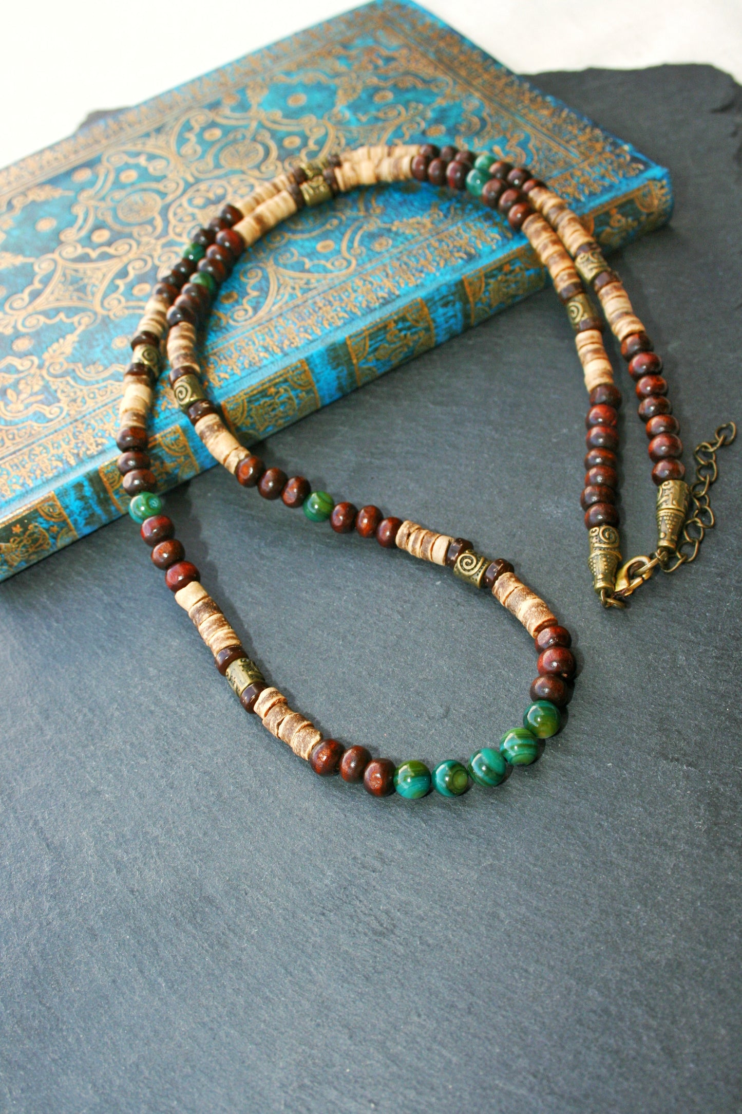 Coconut Wood Agate Necklace for Men – Celtic Spiral Bronze Beaded Boho Necklace