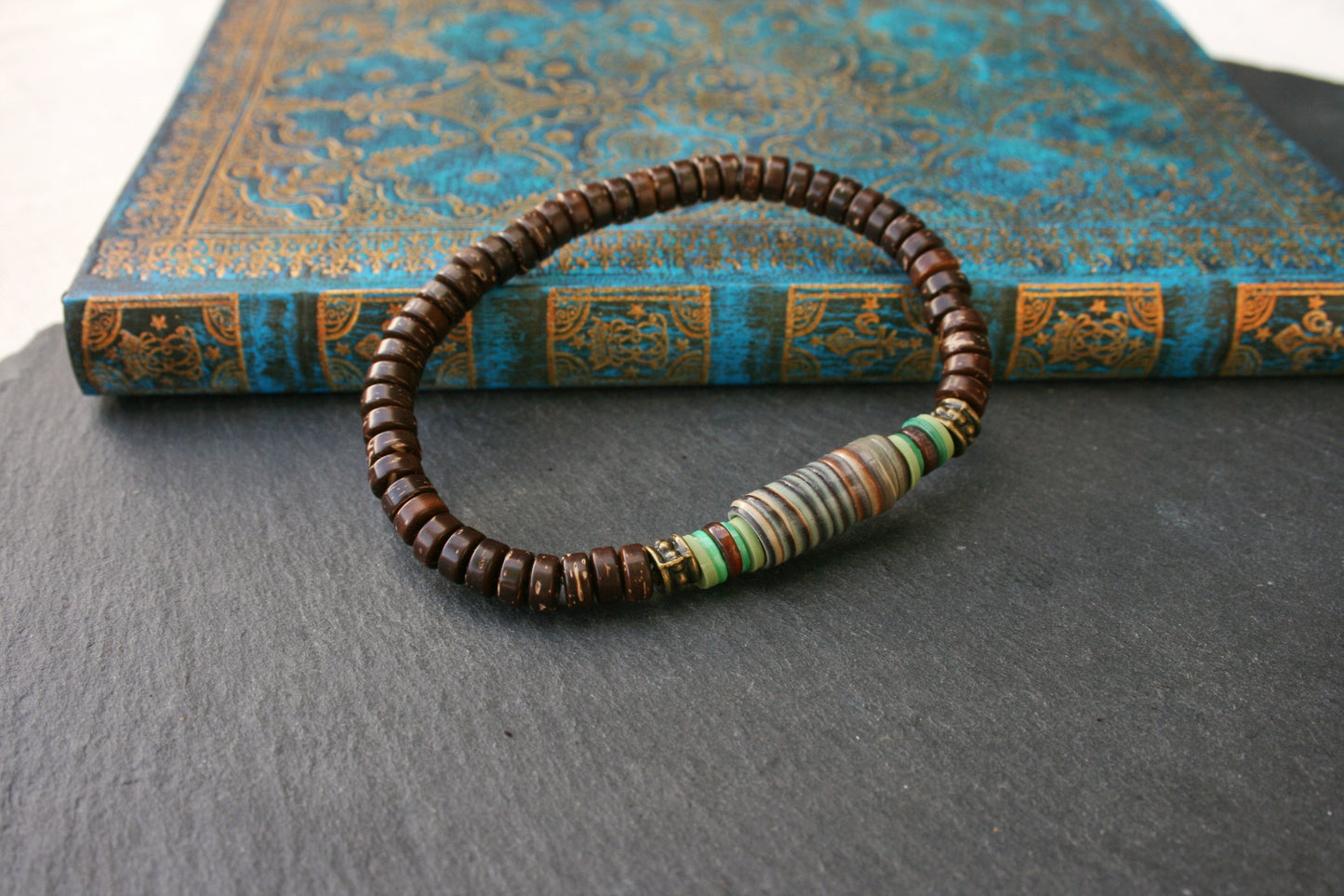 Brown Coconut Bead Bracelet for Men – Handmade Polymer Clay & Shell Stretch Bracelet, Boho Unisex Jewelry