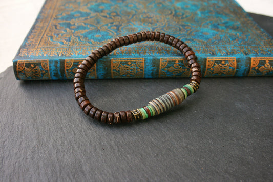 Brown Coconut Bead Bracelet for Men – Handmade Polymer Clay & Shell Stretch Bracelet, Boho Unisex Jewelry