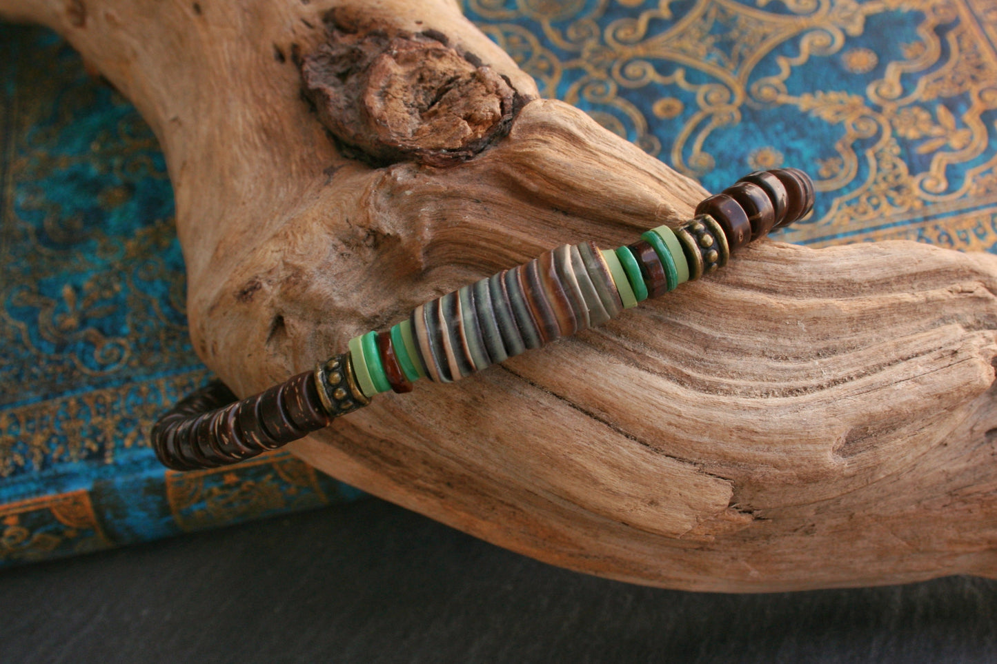 Brown Coconut Bead Bracelet for Men – Handmade Polymer Clay & Shell Stretch Bracelet, Boho Unisex Jewelry