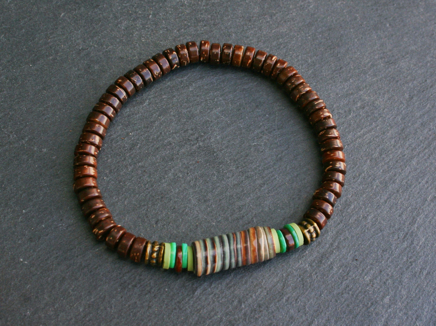 Brown Coconut Bead Bracelet for Men – Handmade Polymer Clay & Shell Stretch Bracelet, Boho Unisex Jewelry