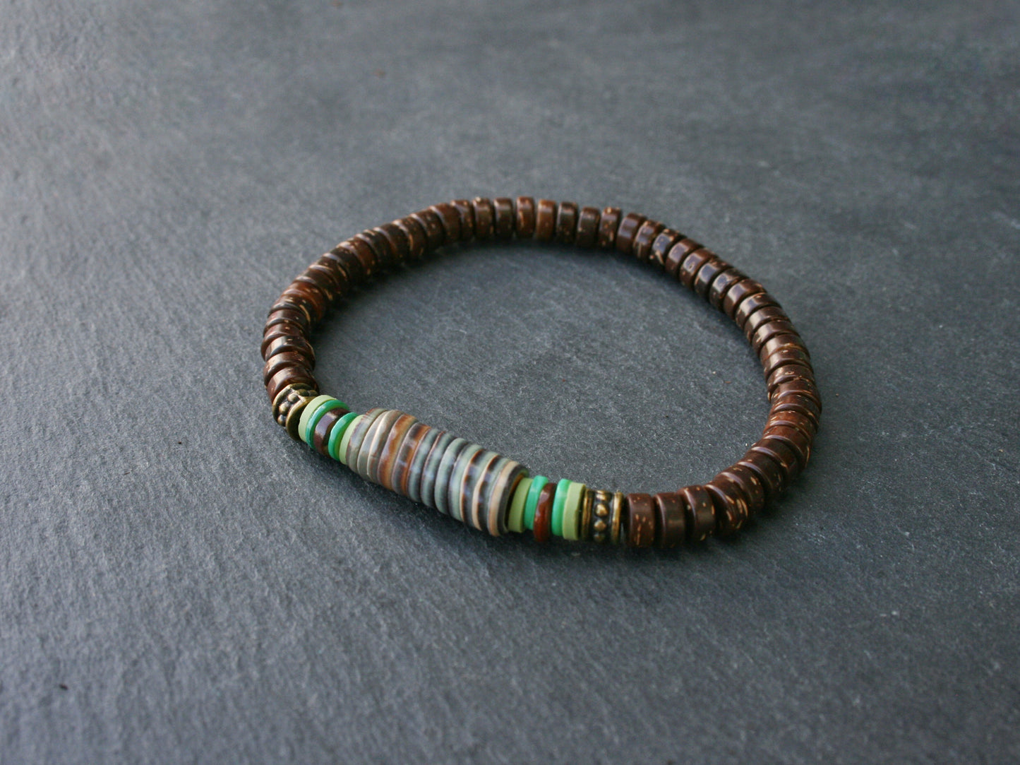 Brown Coconut Bead Bracelet for Men – Handmade Polymer Clay & Shell Stretch Bracelet, Boho Unisex Jewelry