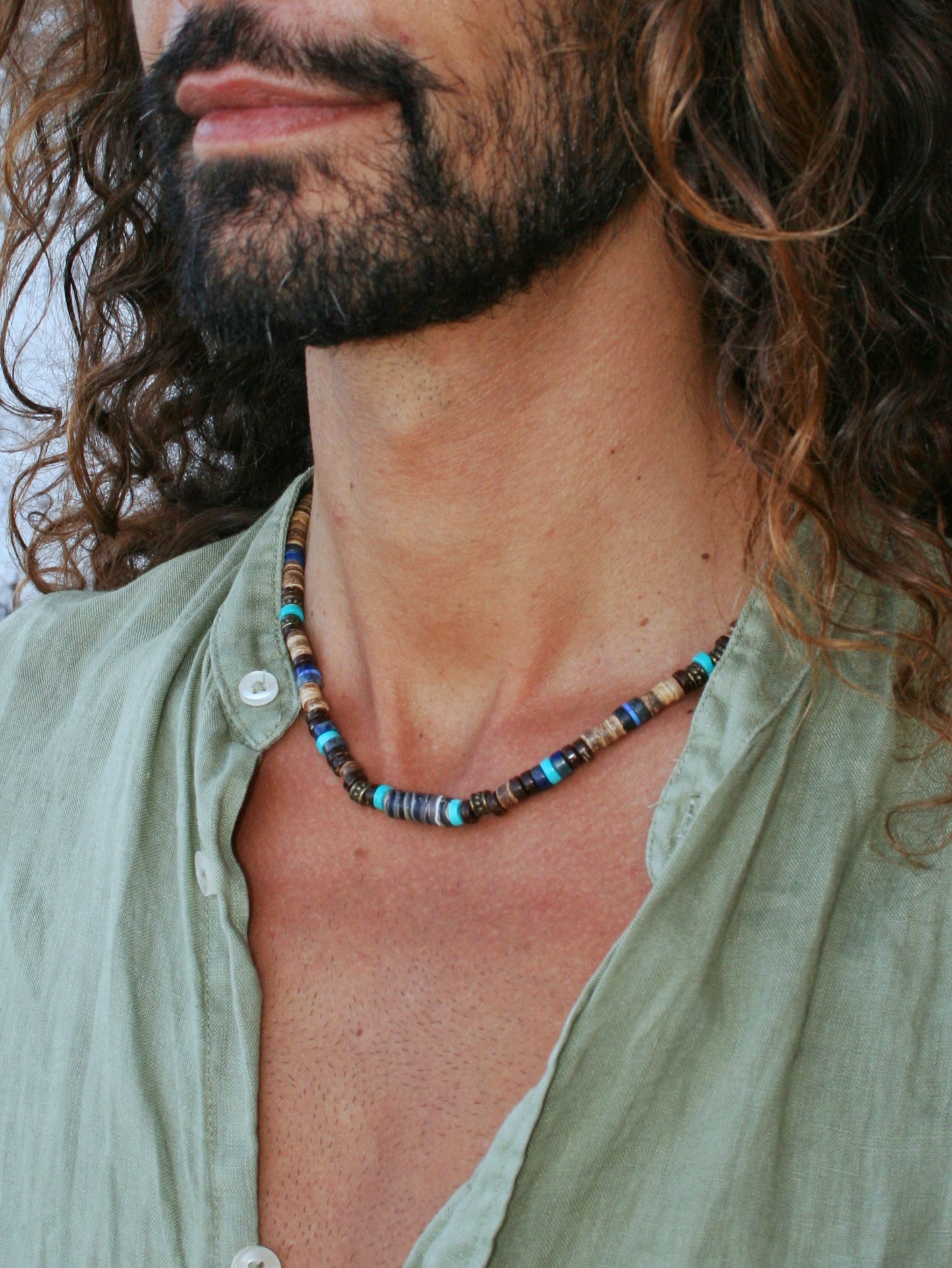 Turquoise & Coconut Beaded Choker Necklace – Boho Mens Gemstone Jewelry