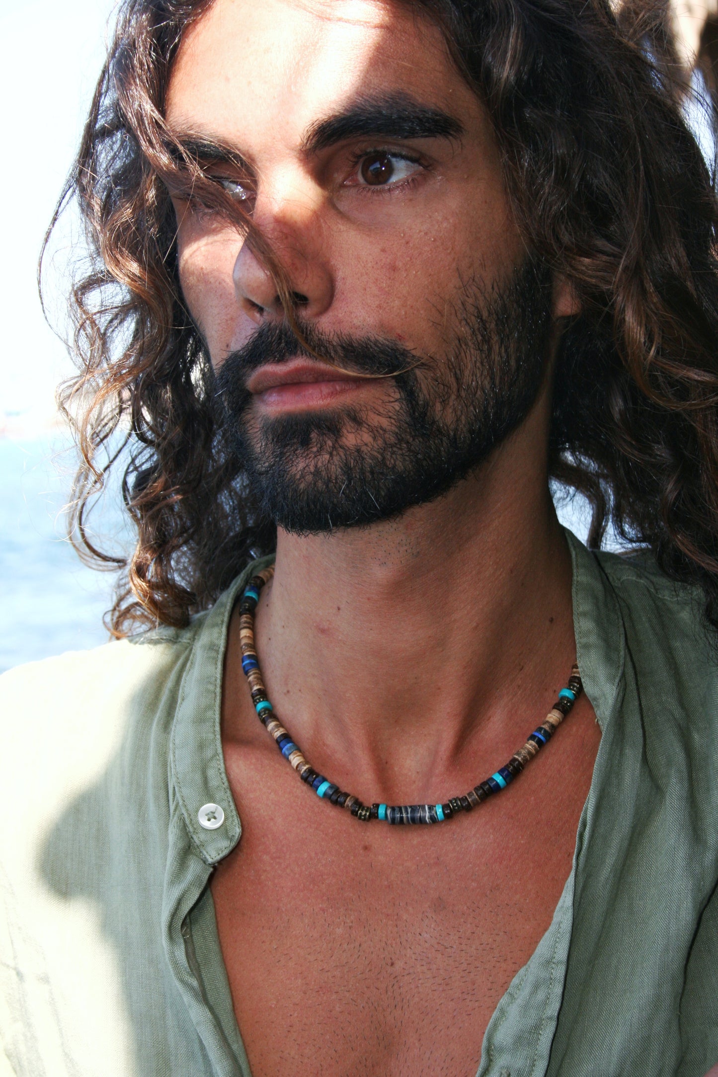 Turquoise & Coconut Beaded Choker Necklace – Boho Mens Gemstone Jewelry