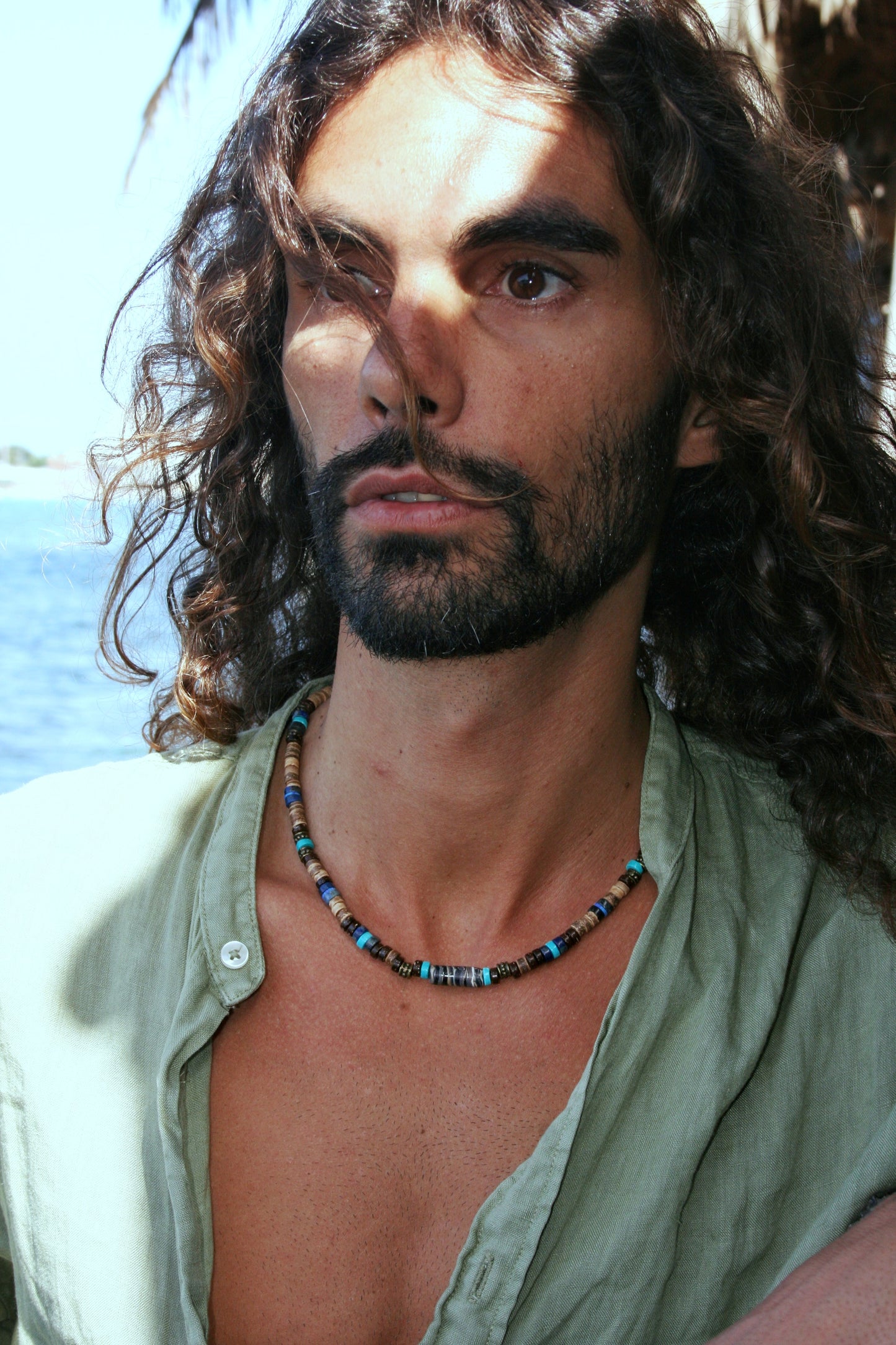 Turquoise & Coconut Beaded Choker Necklace – Boho Mens Gemstone Jewelry