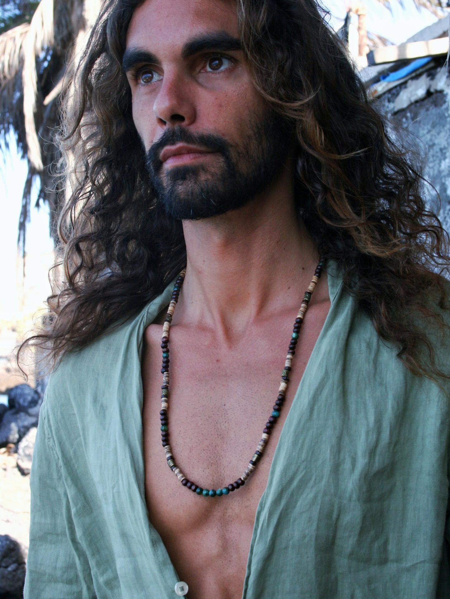 Coconut Wood Agate Necklace for Men – Celtic Spiral Bronze Beaded Boho Necklace