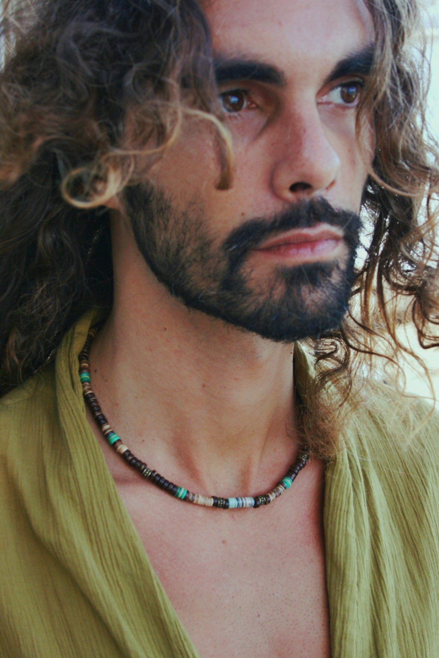 Earth Tone Beaded Choker Necklace – Coconut & Green Shell Beads