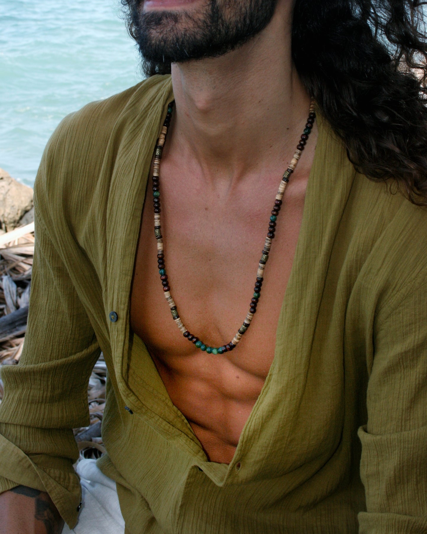 Coconut Wood Agate Necklace for Men – Celtic Spiral Bronze Beaded Boho Necklace
