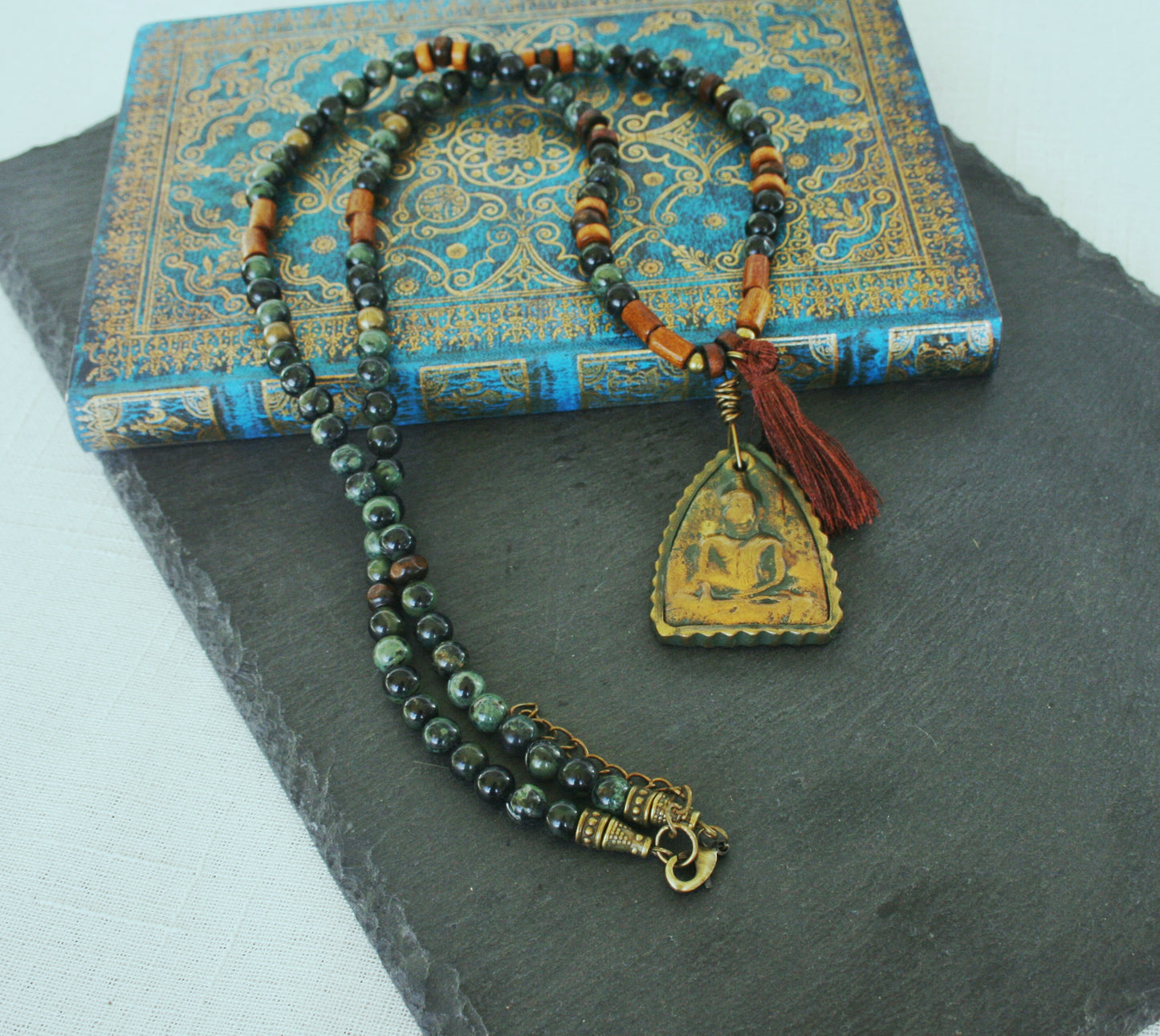 Men's Jasper Buddha Necklace: Tibetan Boho Beaded Pendant