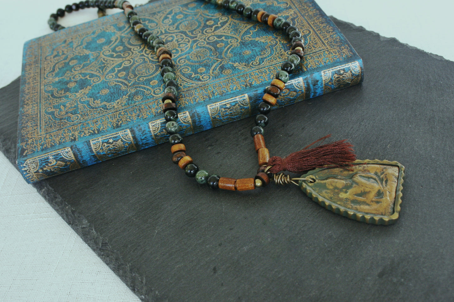 Men's Jasper Buddha Necklace: Tibetan Boho Beaded Pendant