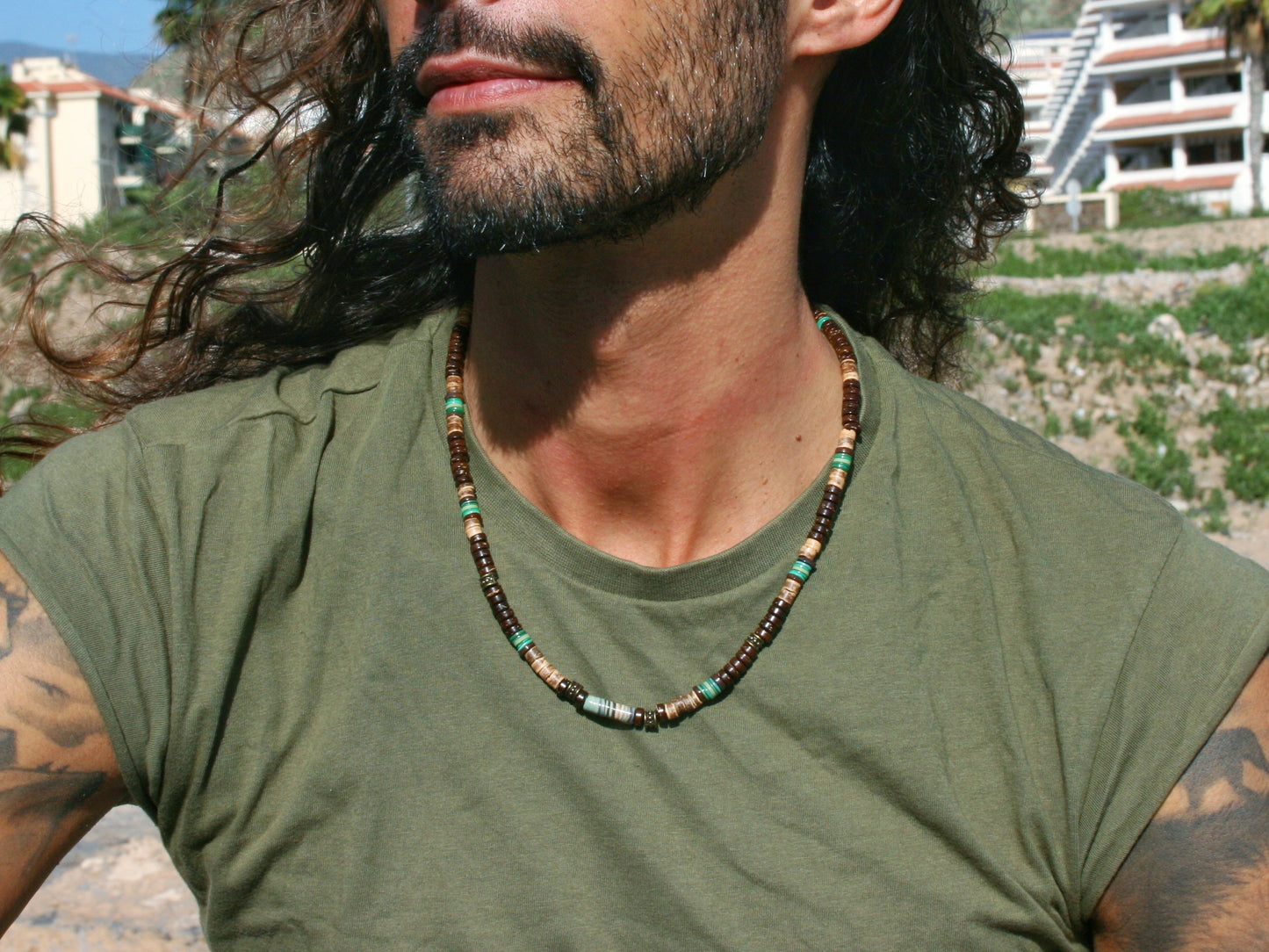 Earth Tone Beaded Choker Necklace – Coconut & Green Shell Beads