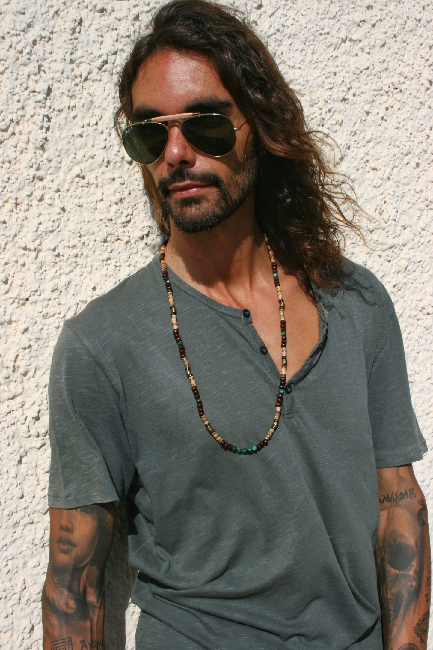 Coconut Wood Agate Necklace for Men – Celtic Spiral Bronze Beaded Boho Necklace