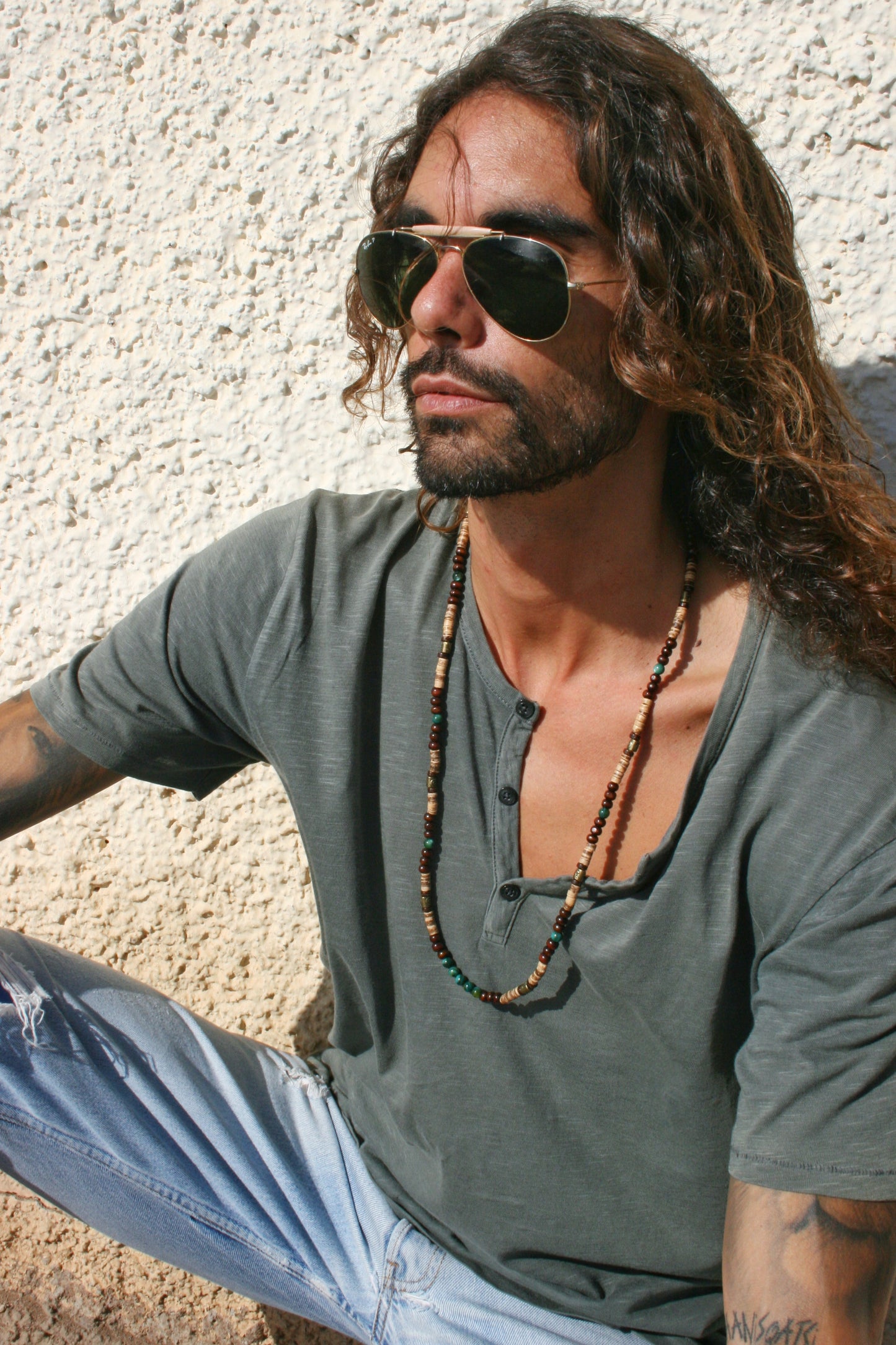 Coconut Wood Agate Necklace for Men – Celtic Spiral Bronze Beaded Boho Necklace