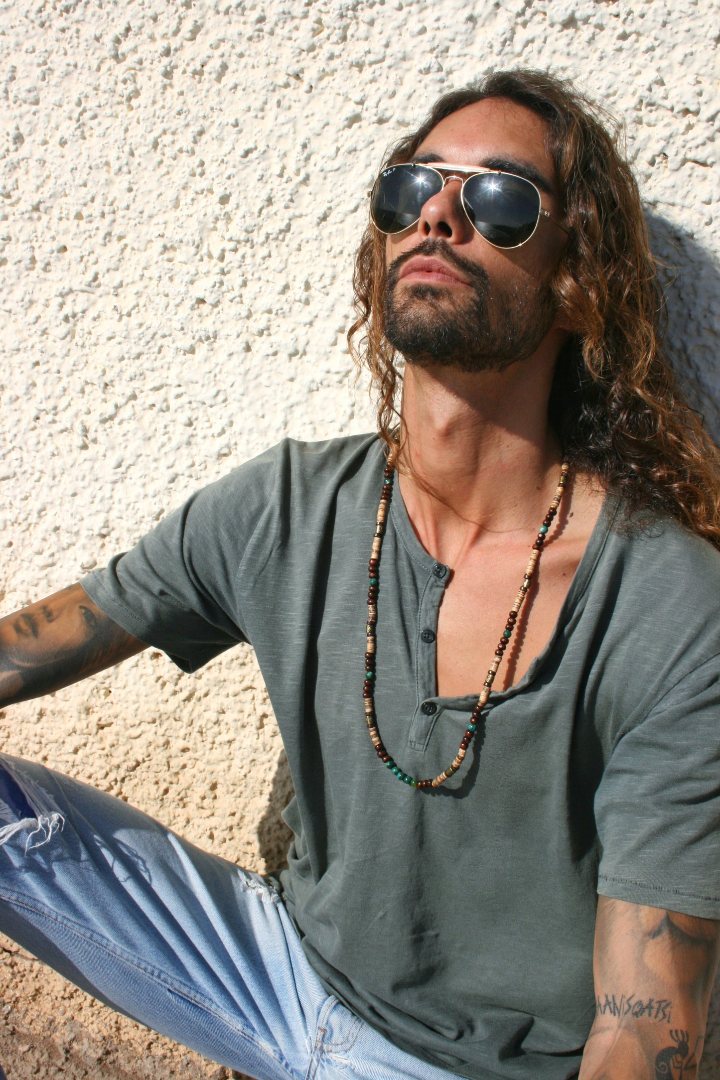Coconut Wood Agate Necklace for Men – Celtic Spiral Bronze Beaded Boho Necklace