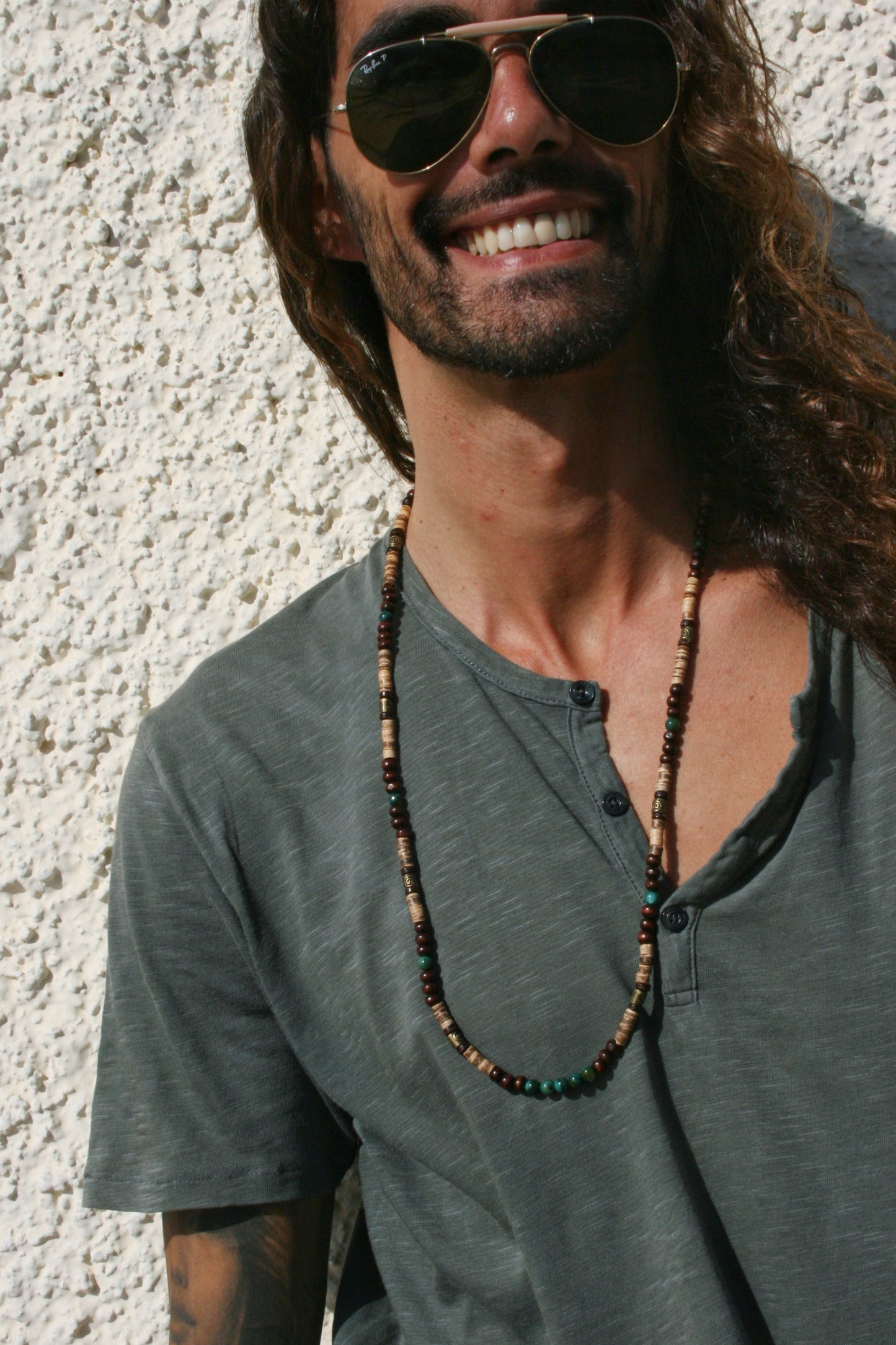 Coconut Wood Agate Necklace for Men – Celtic Spiral Bronze Beaded Boho Necklace