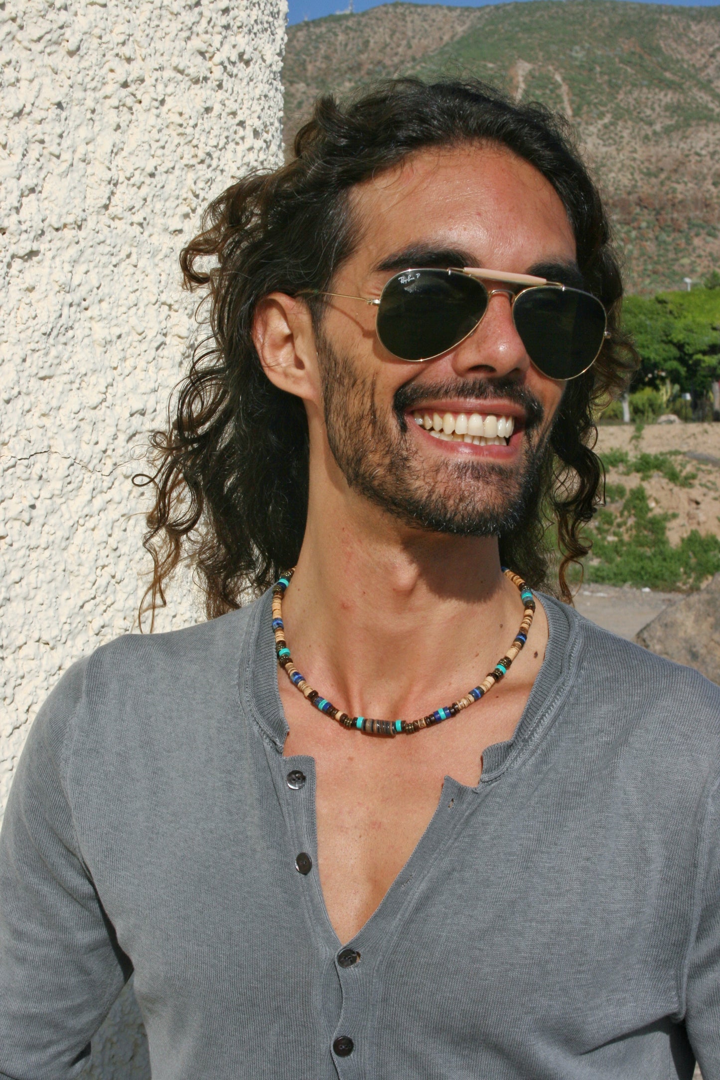 Turquoise & Coconut Beaded Choker Necklace – Boho Mens Gemstone Jewelry