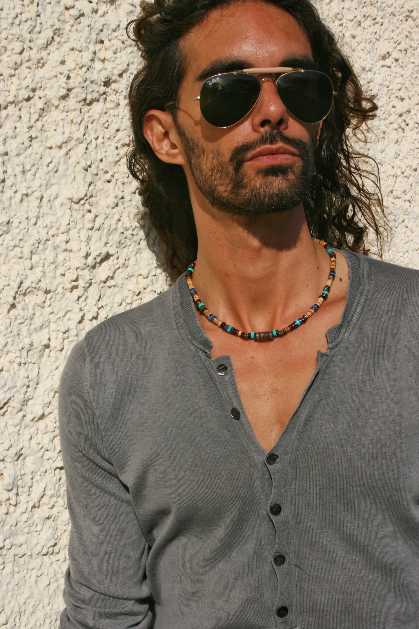 Turquoise & Coconut Beaded Choker Necklace – Boho Mens Gemstone Jewelry