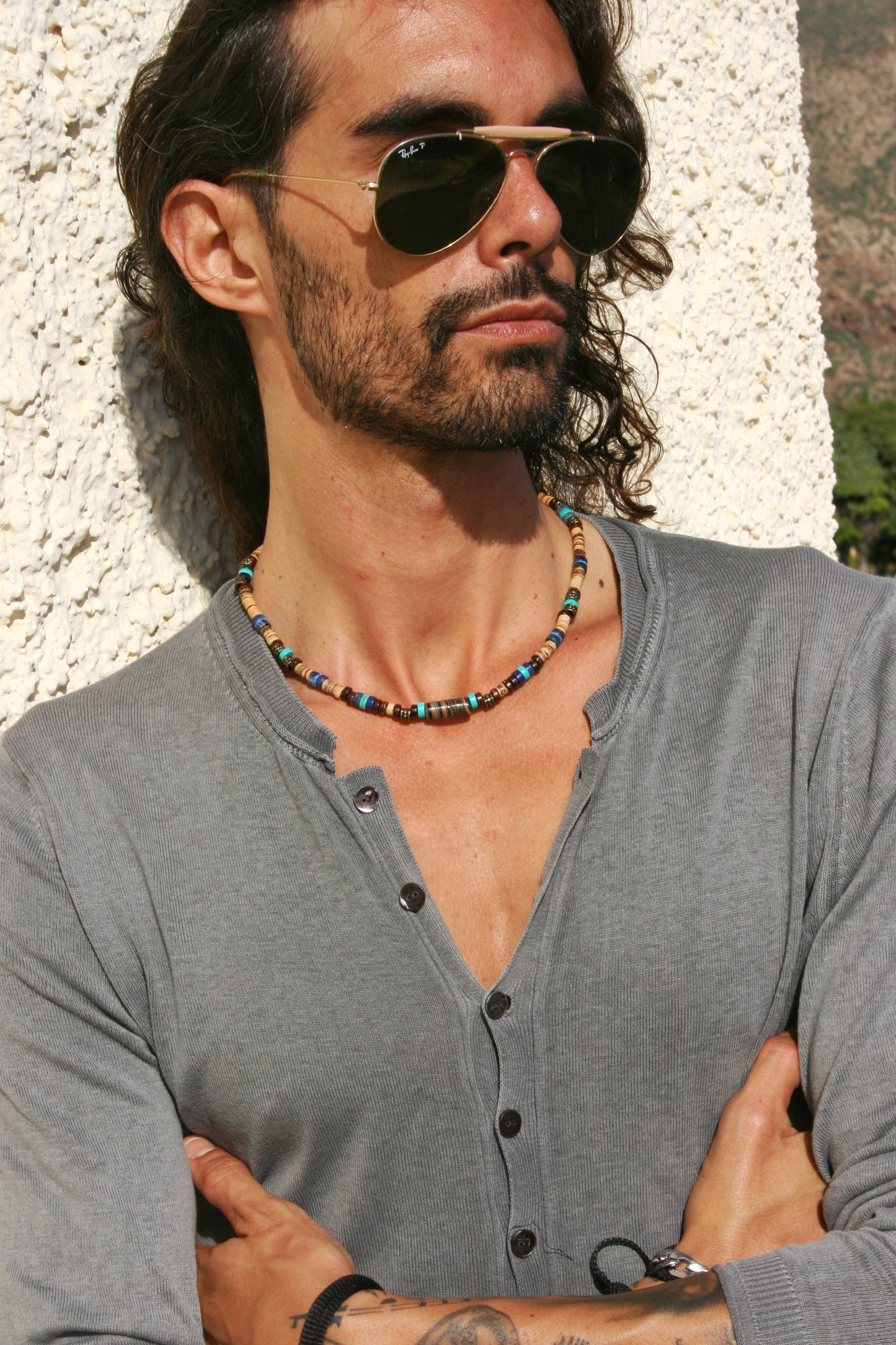 Turquoise & Coconut Beaded Choker Necklace – Boho Mens Gemstone Jewelry