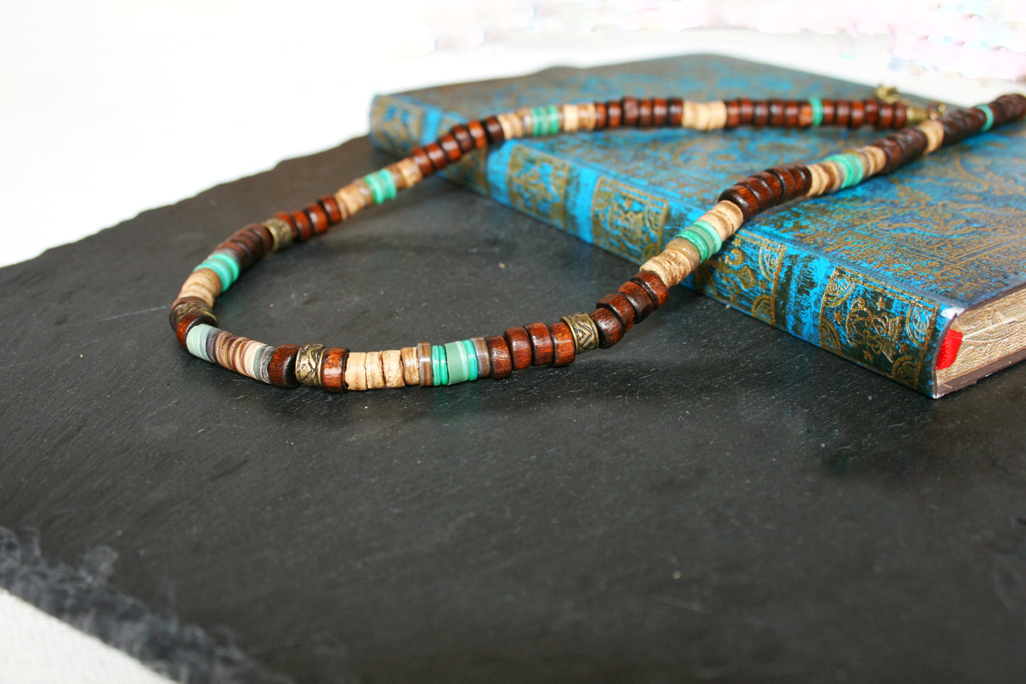 Earth Tone Beaded Choker Necklace – Coconut & Green Shell Beads