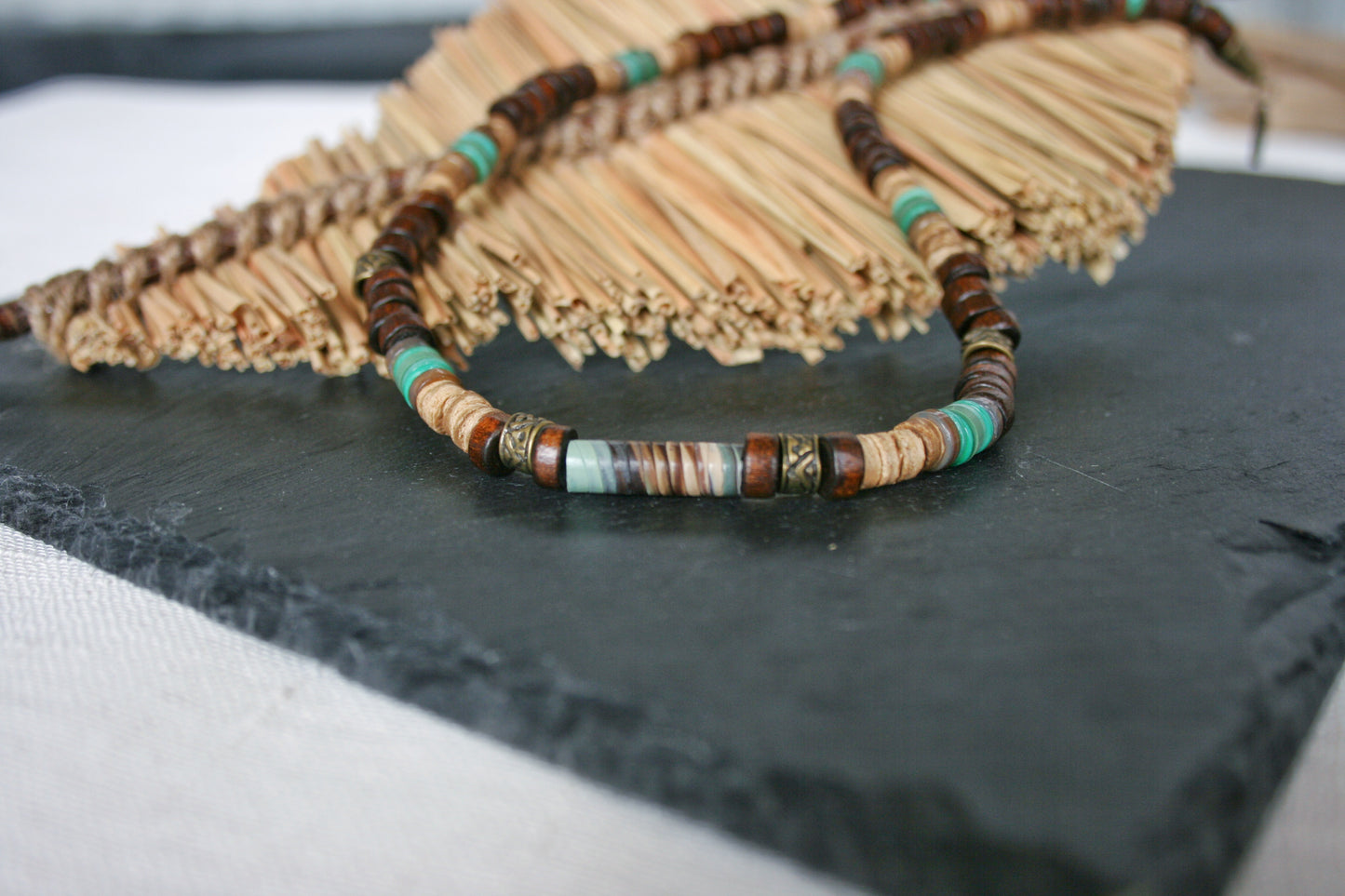 Earth Tone Beaded Choker Necklace – Coconut & Green Shell Beads