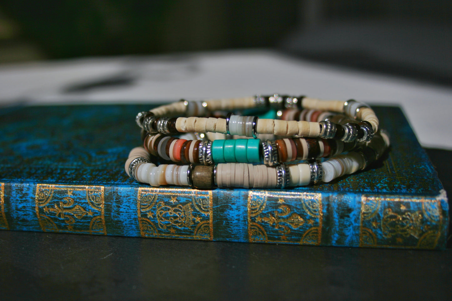Men's Turquoise Bracelet Set, Greywood Wood & Shell Stretch Bracelets, Boho Layered Bracelet Stack, Natural Beaded Jewelry Gift for Him