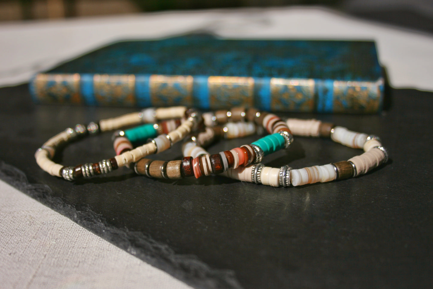 Men's Turquoise Bracelet Set, Greywood Wood & Shell Stretch Bracelets, Boho Layered Bracelet Stack, Natural Beaded Jewelry Gift for Him