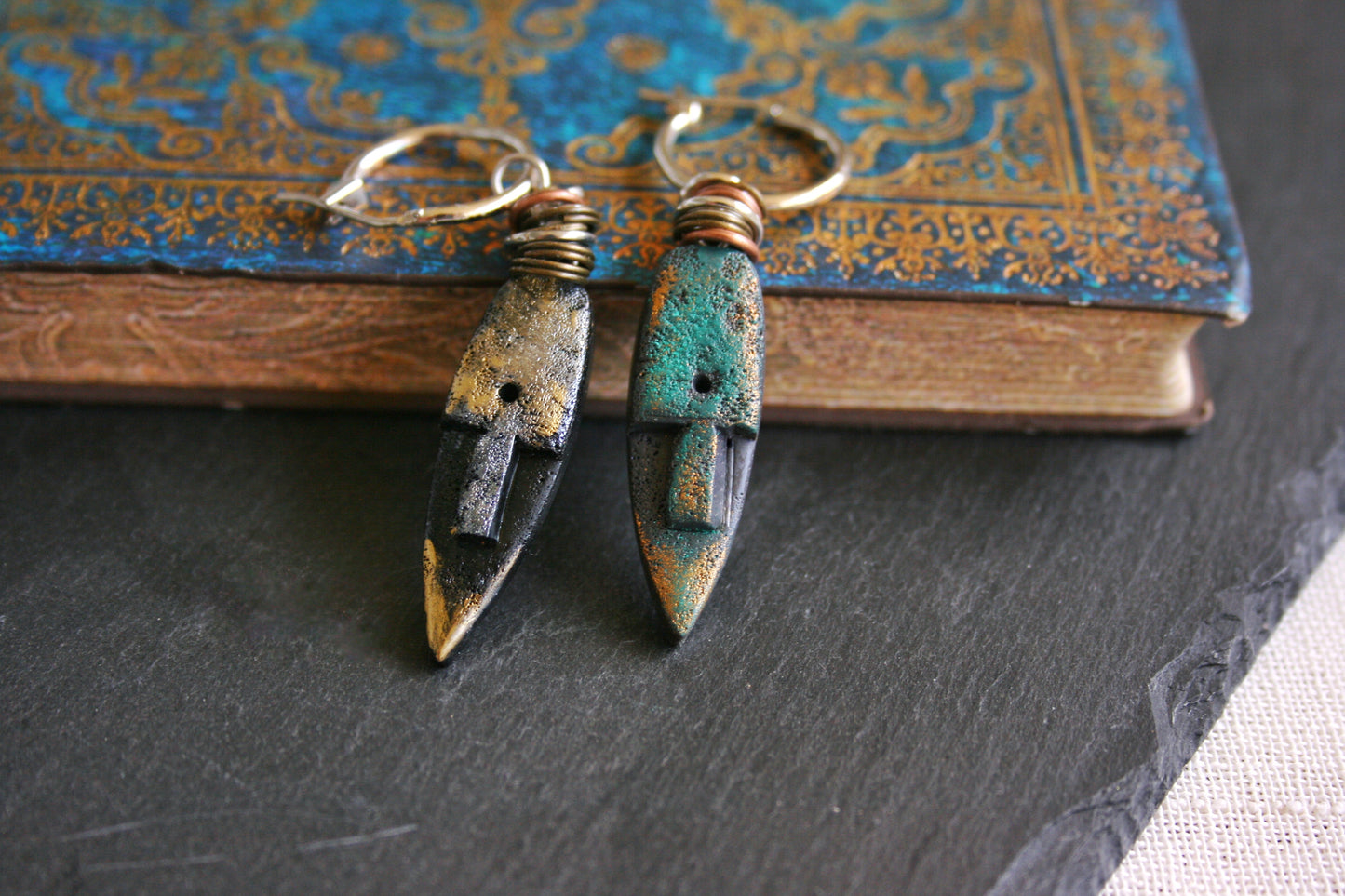African Mask Dangle Earring – Handmade Polymer Clay Tribal Jewelry, Unisex Single Earring