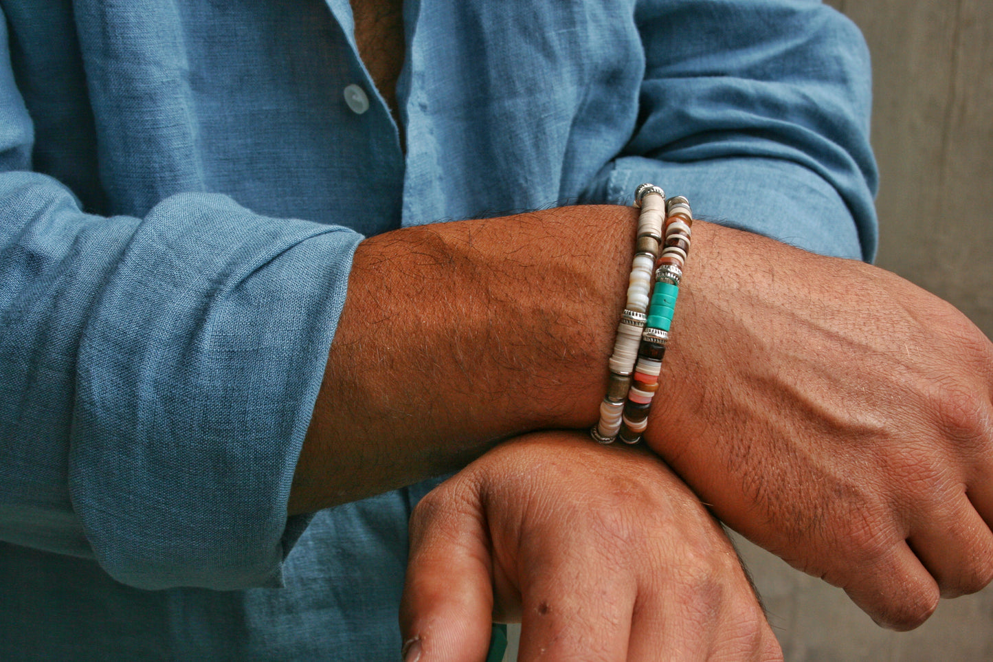 Men's Turquoise Bracelet Set, Greywood Wood & Shell Stretch Bracelets, Boho Layered Bracelet Stack, Natural Beaded Jewelry Gift for Him