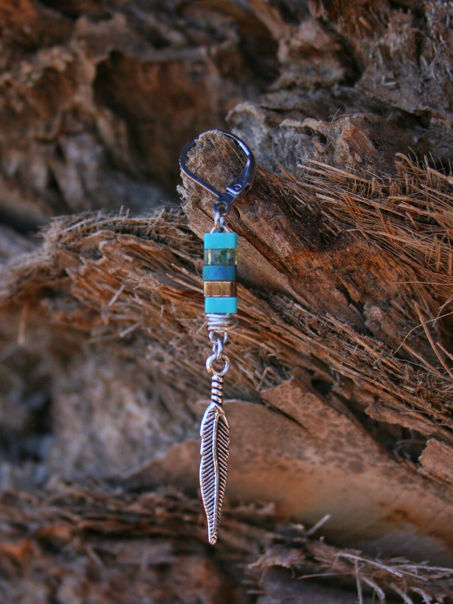 Feather Miyuki Bead Earring for Men – Handmade Unisex Dangle Earring with Silver Tip